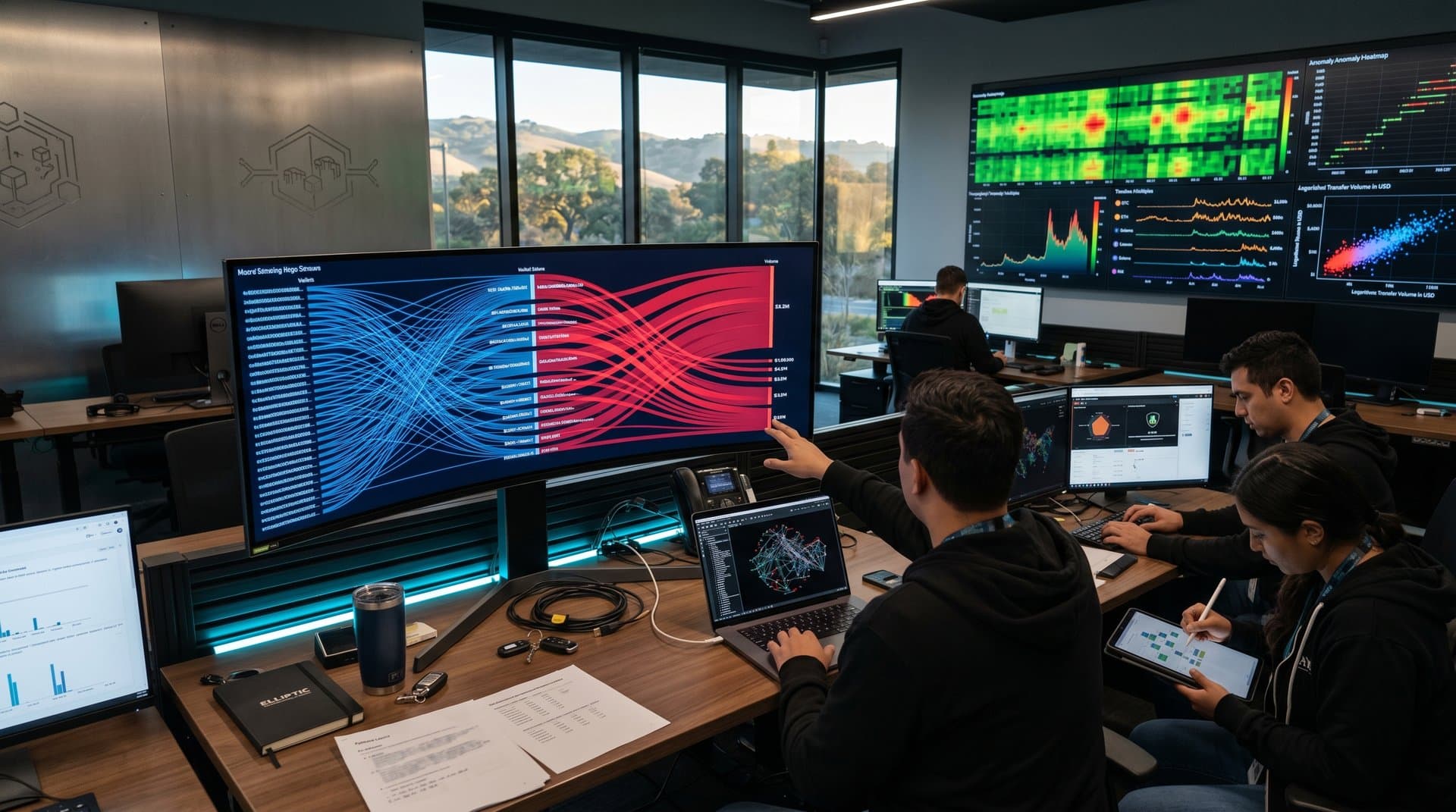 Abstract dashboards showing Sankey diagrams, heatmaps, and small multiples of crypto illicit flows in a high-tech analytics setup