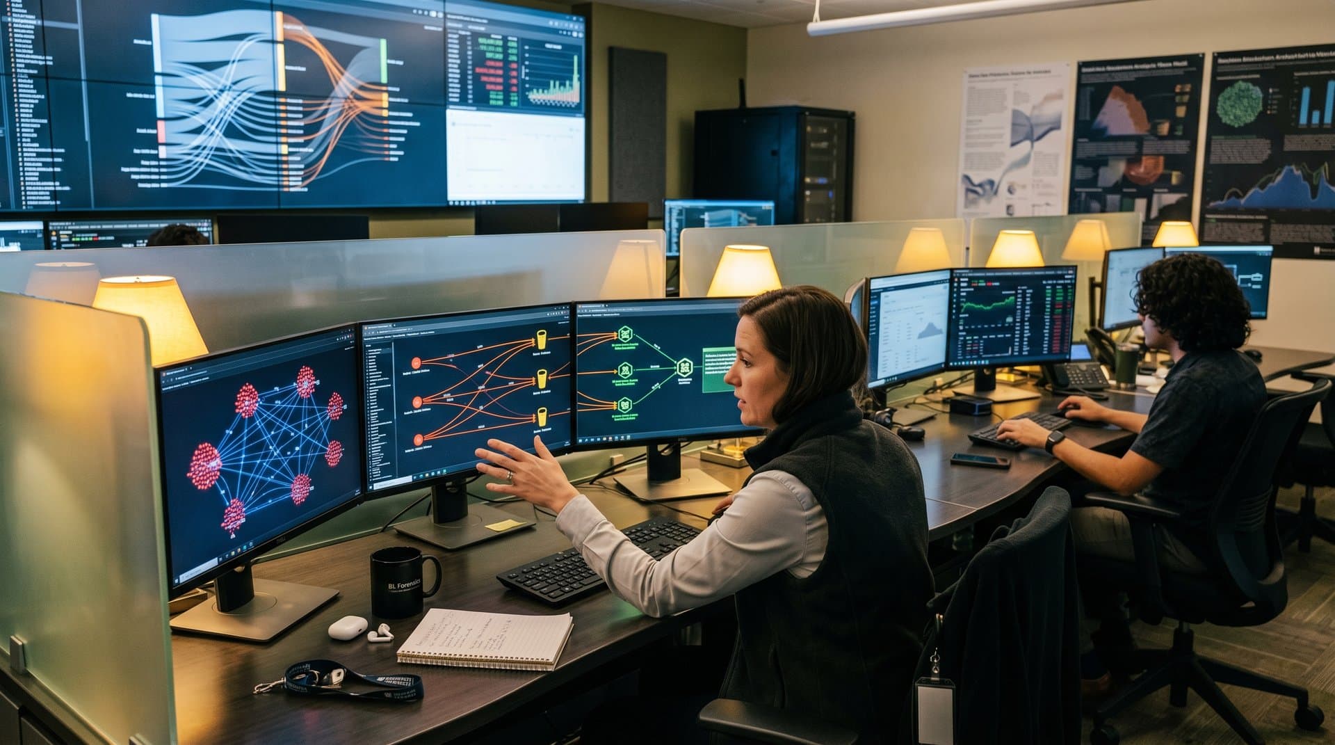 Blockchain analytics dashboards display node-link diagrams and Sankey flows in a modern operations center