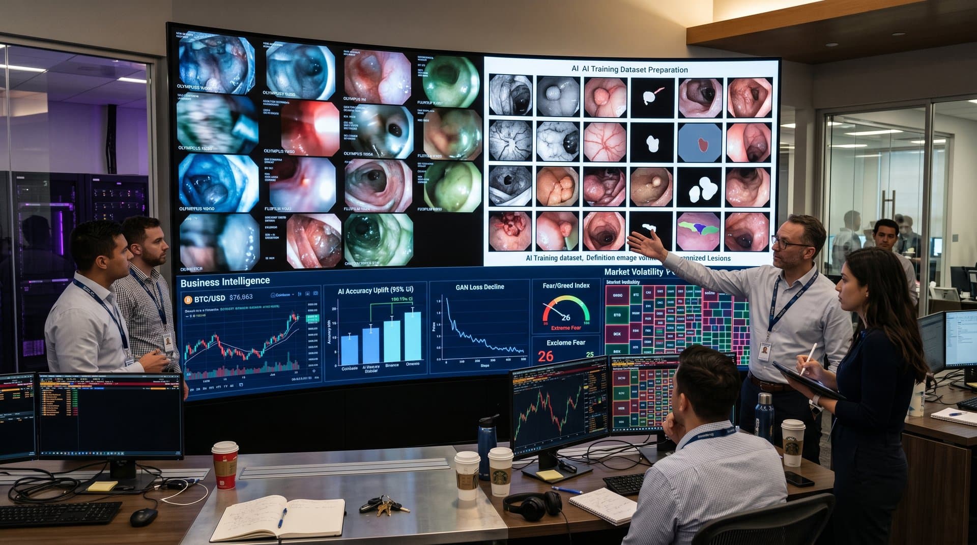 Split-screen EndoStyle style transfer on GI endoscopic images and normalized crypto BTC dashboard visualizations emphasizing clarity