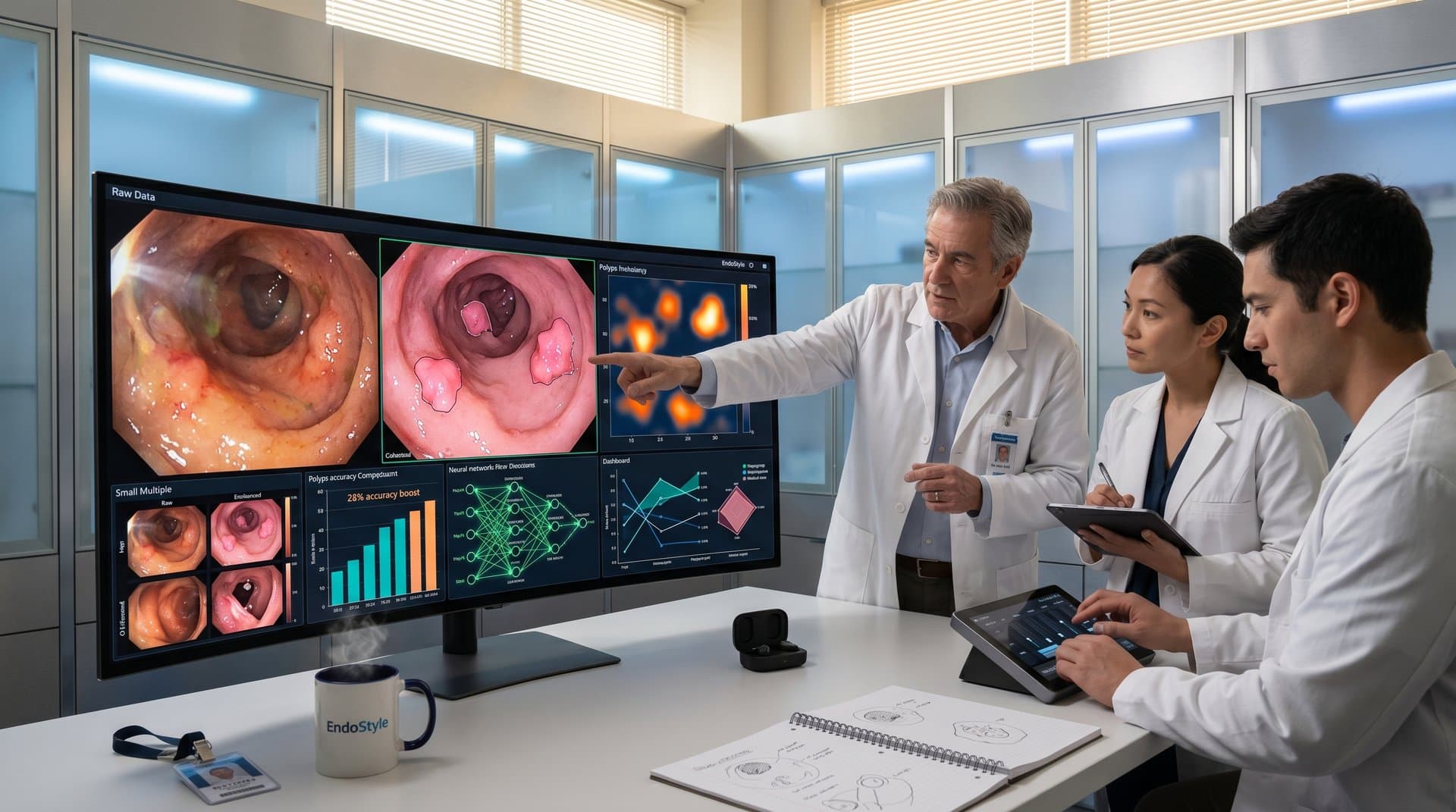 Split-screen of raw vs EndoStyle-enhanced endoscopic images with data viz elements like heatmaps and bar charts showing 26% accuracy boost