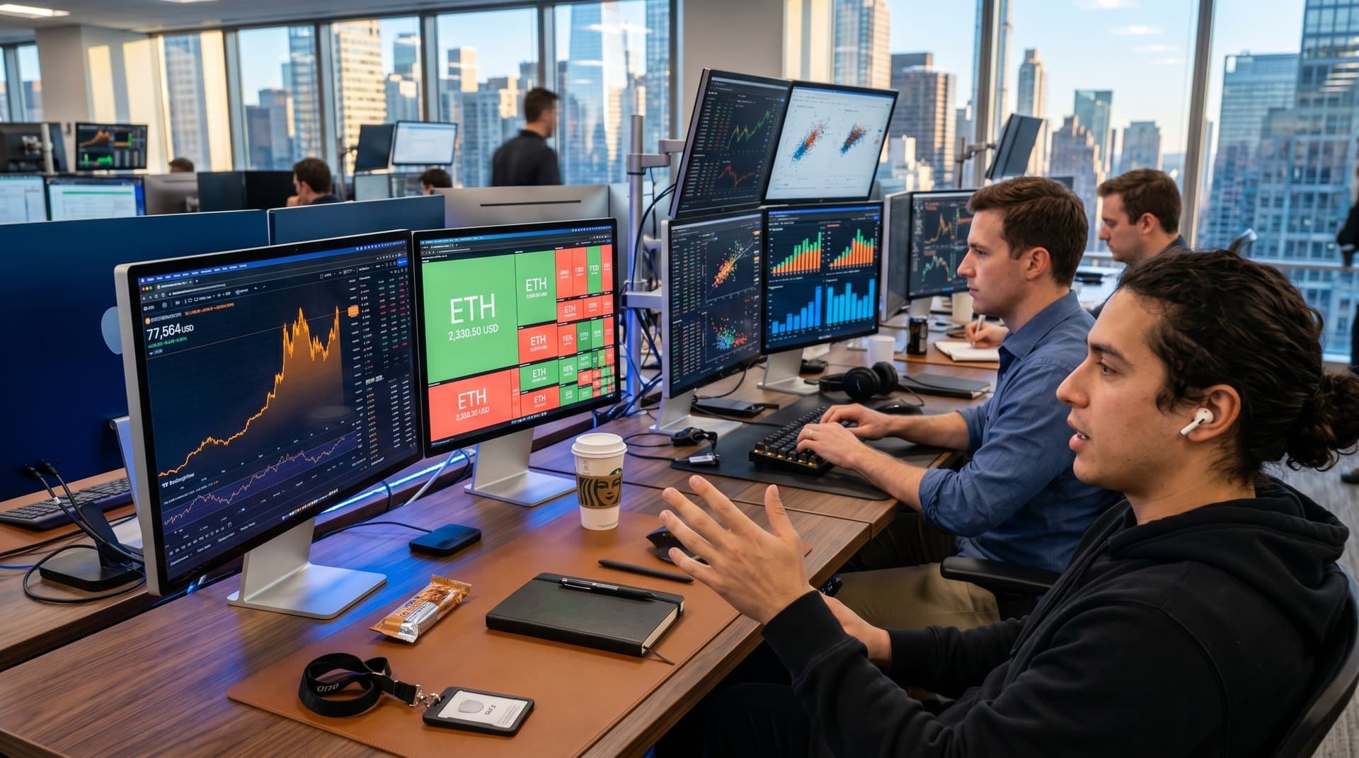 Apple Studio Displays on trading desks visualize crypto data including BTC charts, heatmaps, and Fear & Greed index in professional finance setting