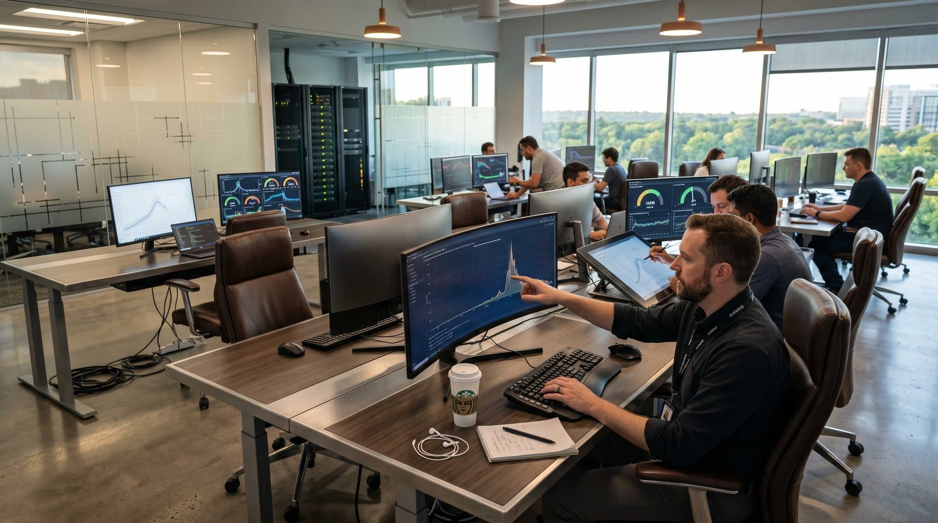 Data scientists reviewing AI sentiment dashboards and clean visualization charts in modern studio