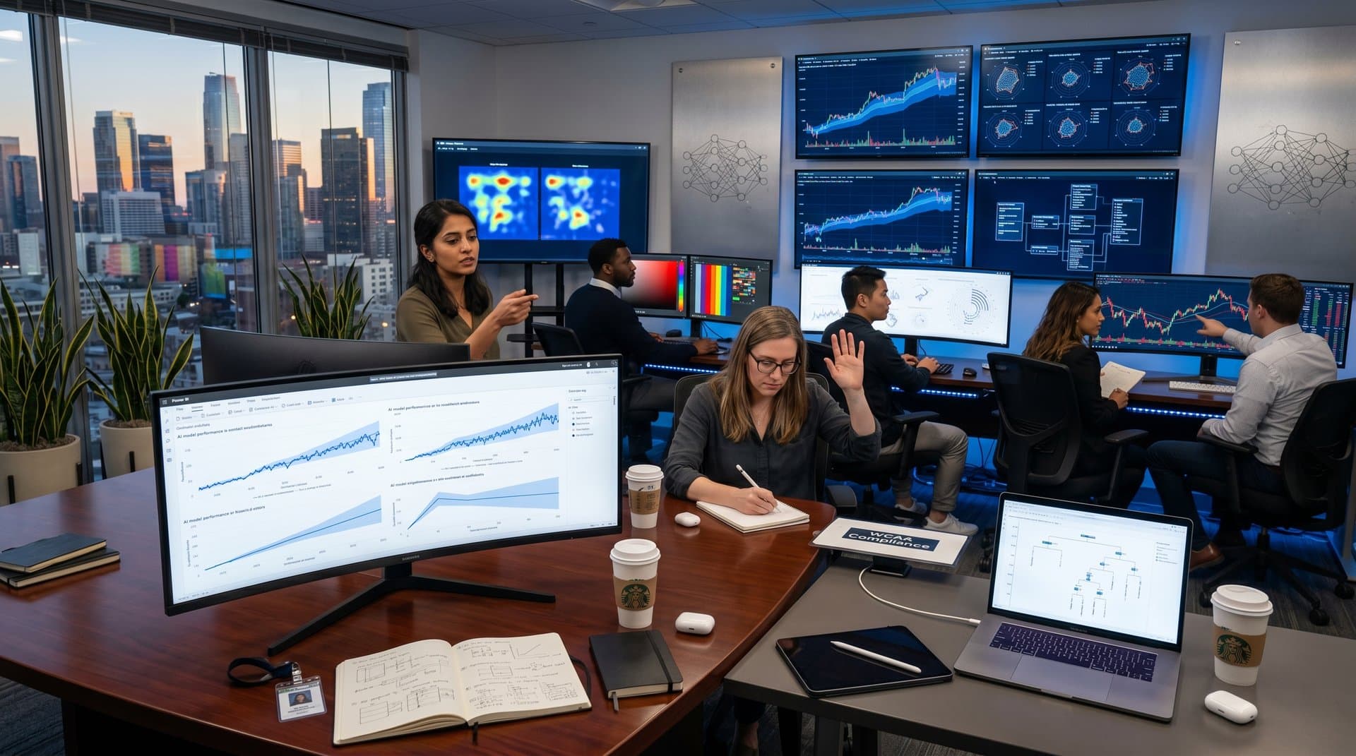 Analysts review AI BI dashboards in modern analytics room overlooking city skyline