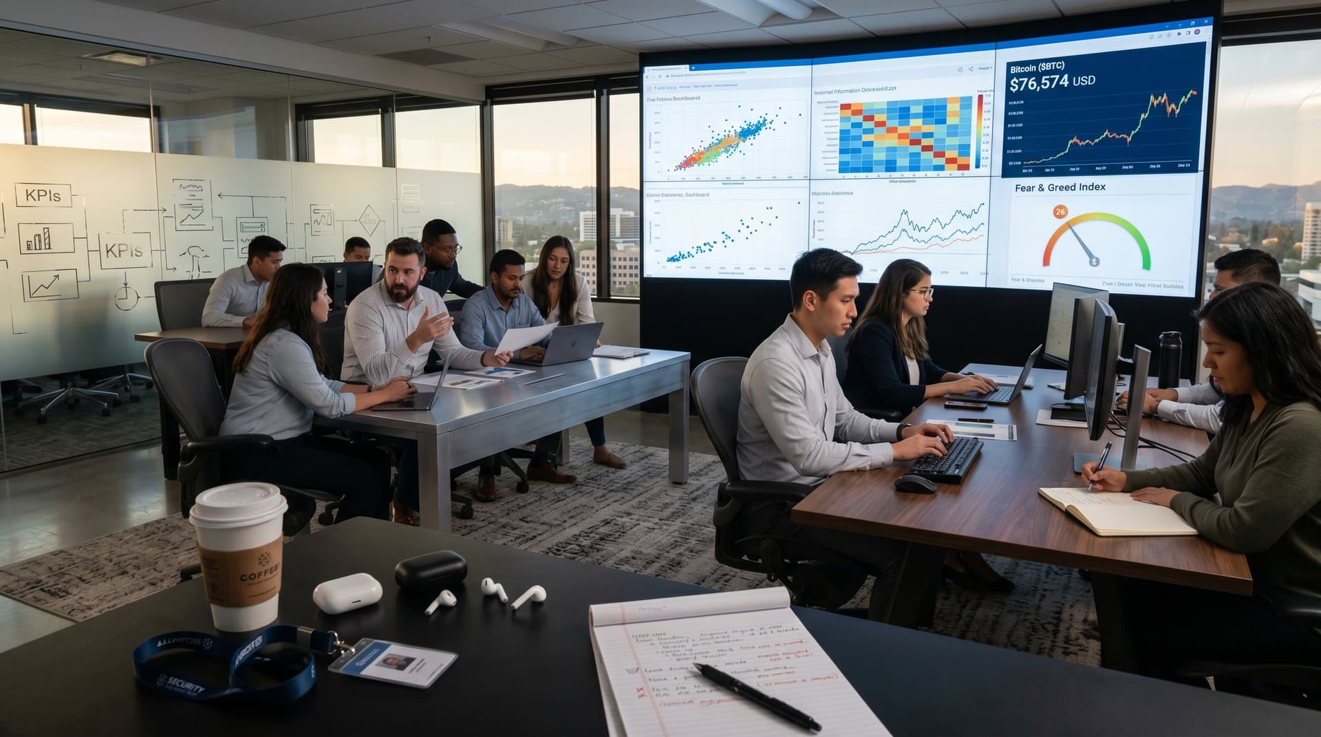 Analytics war room video wall with interactive dashboards showing scatter plots, heatmaps, BTC charts, and team collaboration elements