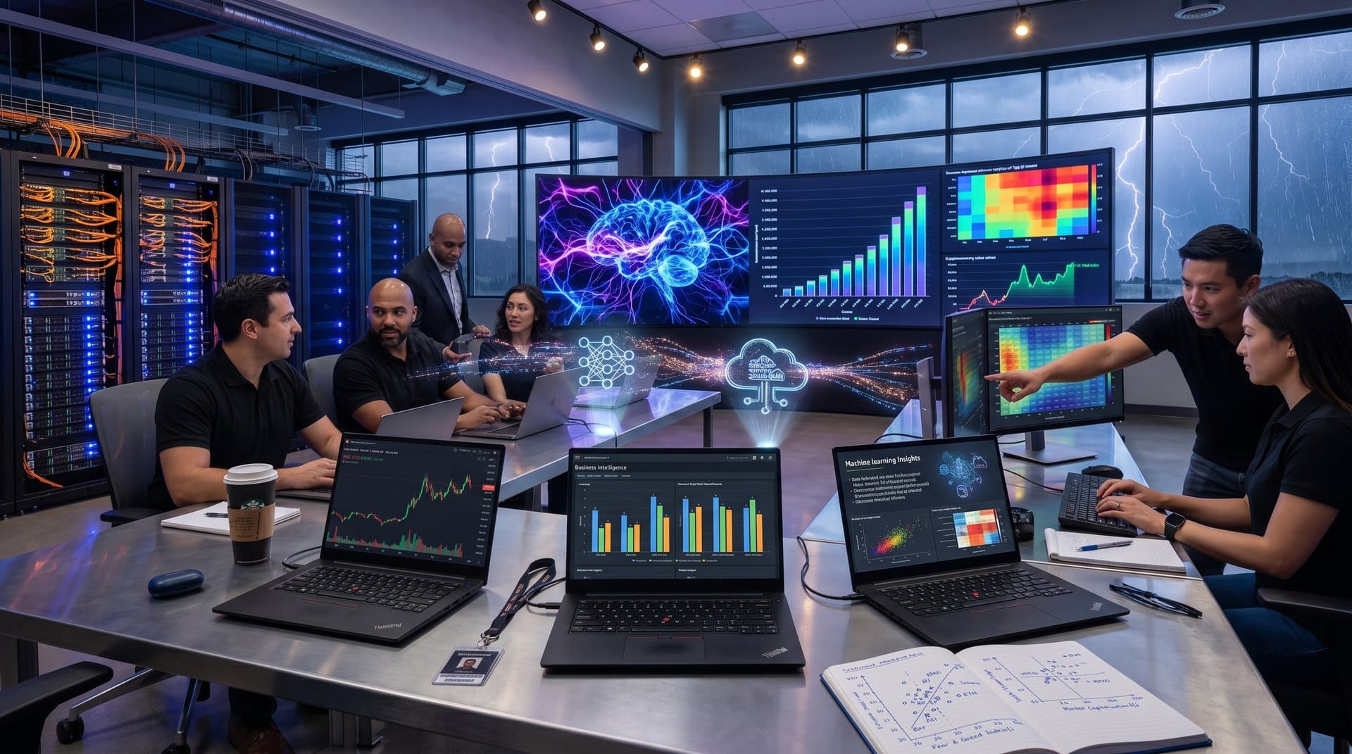 AWS data center video wall displays AI neural networks and crypto price charts with server racks in background