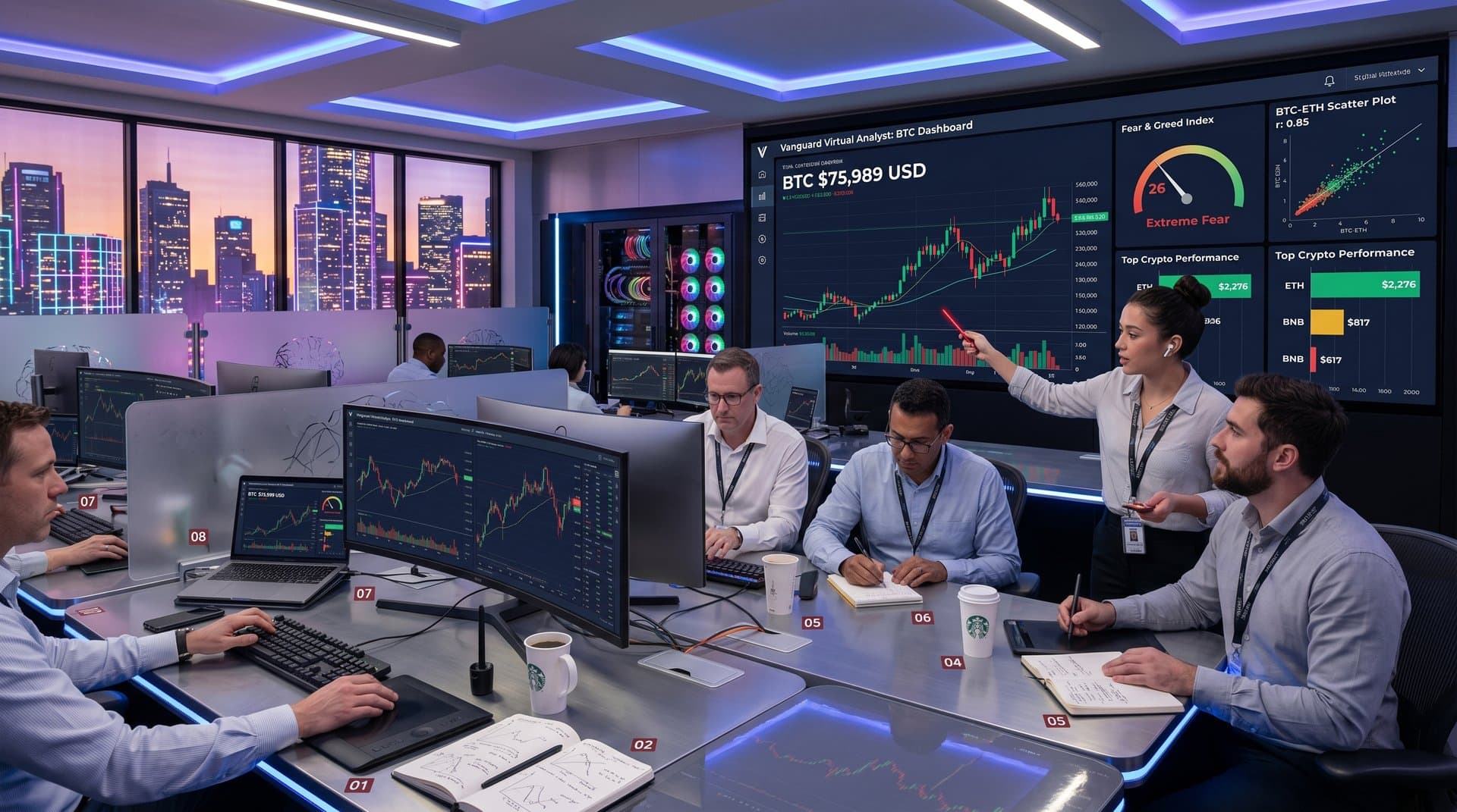 Trading floor with BI dashboards displaying crypto charts like BTC at $75k under modern lighting