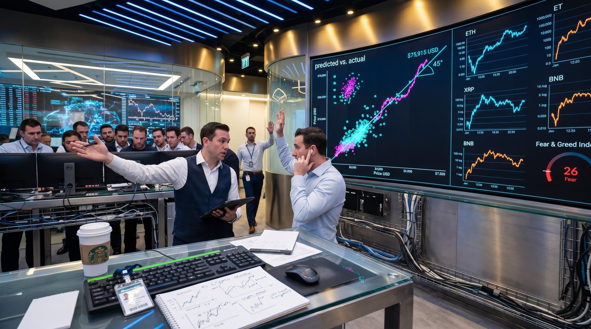 Abstract BI dashboard visualizing AI retrodiction with BTC $75,915 scatter plots and Fear & Greed 26 small multiples