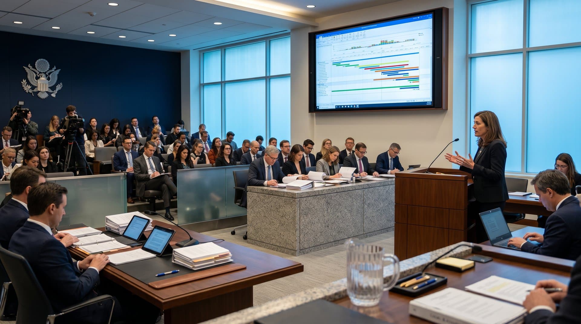 Modern courtroom with monitor showing AI governance timeline bar chart, witness stand, jurors' bench, and lawyers' tables under LED lights