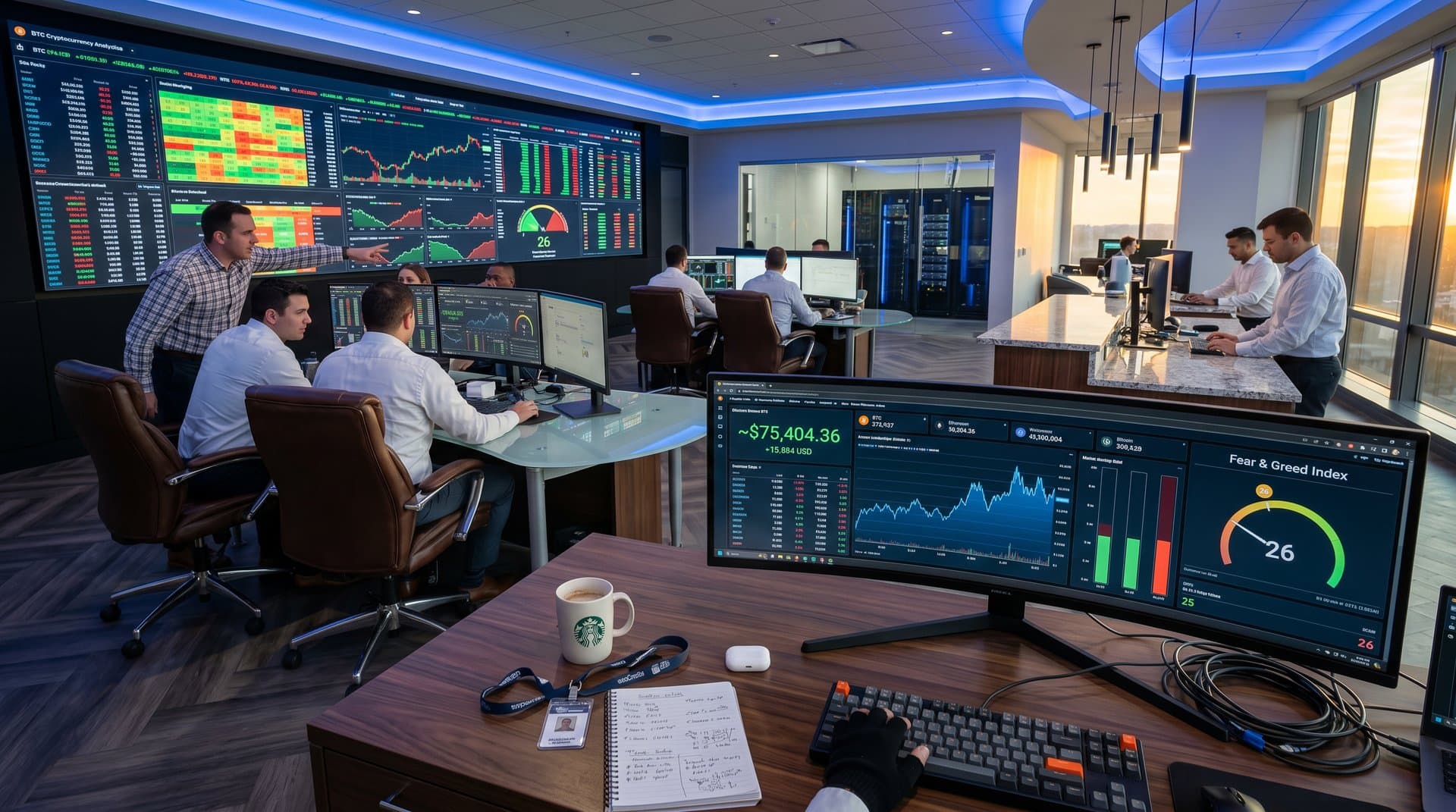 Financial dashboards on superwide monitors show BTC at $75,404 USD, crypto market caps, and performance charts in analytics center