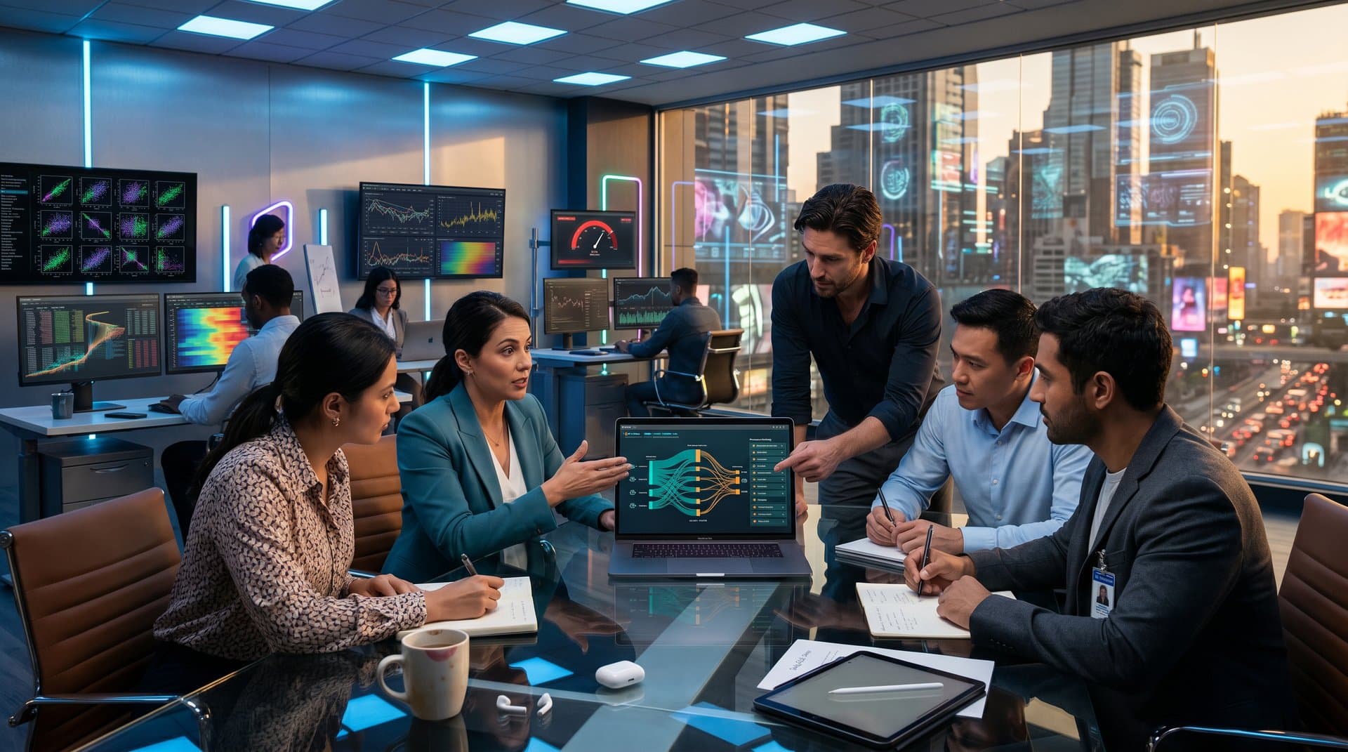 Analysts review Sankey diagrams and scatter plots on screens in modern data viz studio focused on AI accountability