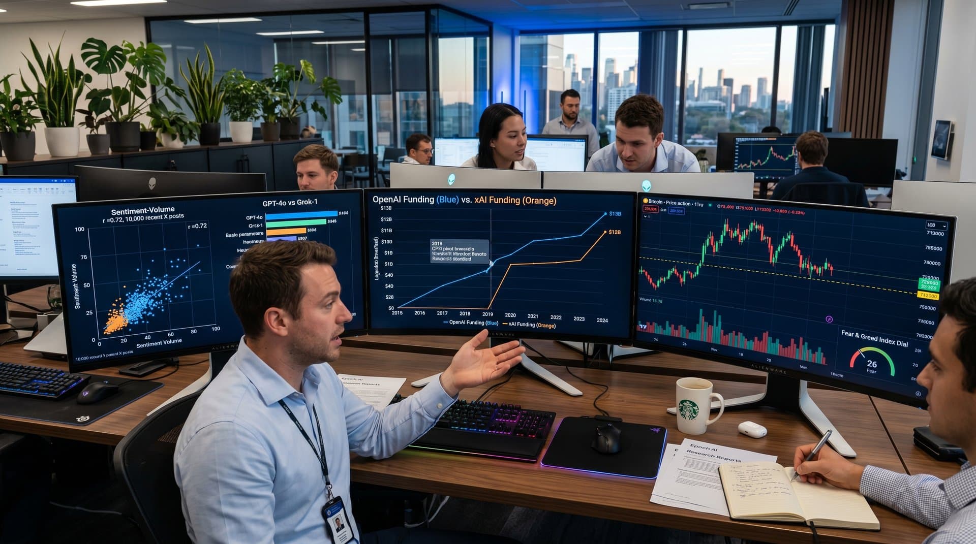 Tech dashboard with AI ethics line charts, BTC candlesticks at $75K, Fear Index 26, sentiment scatters in dark mode office