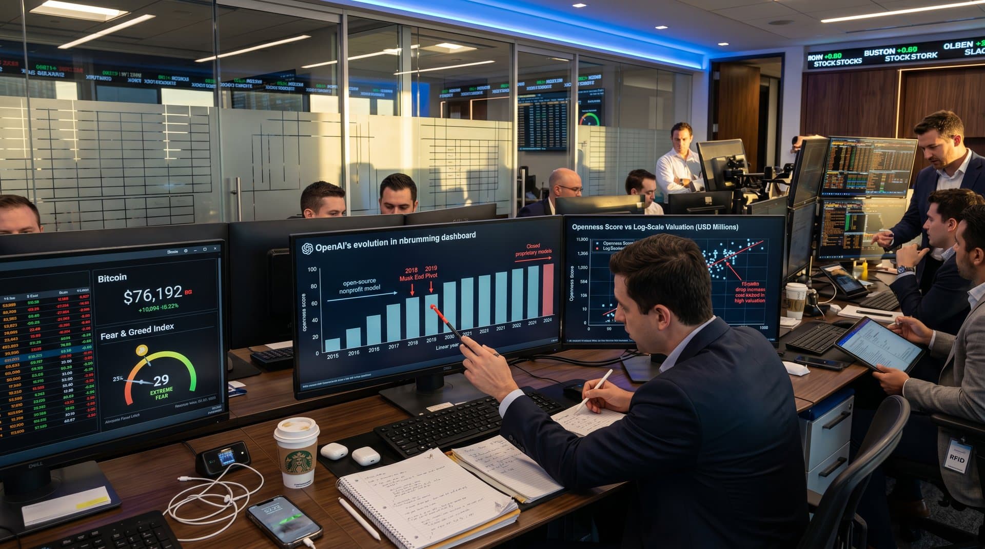 Dashboard screens displaying Musk OpenAI testimony timeline shift, scatter plot of openness vs valuation, crypto prices, and Fear & Greed Index at 29