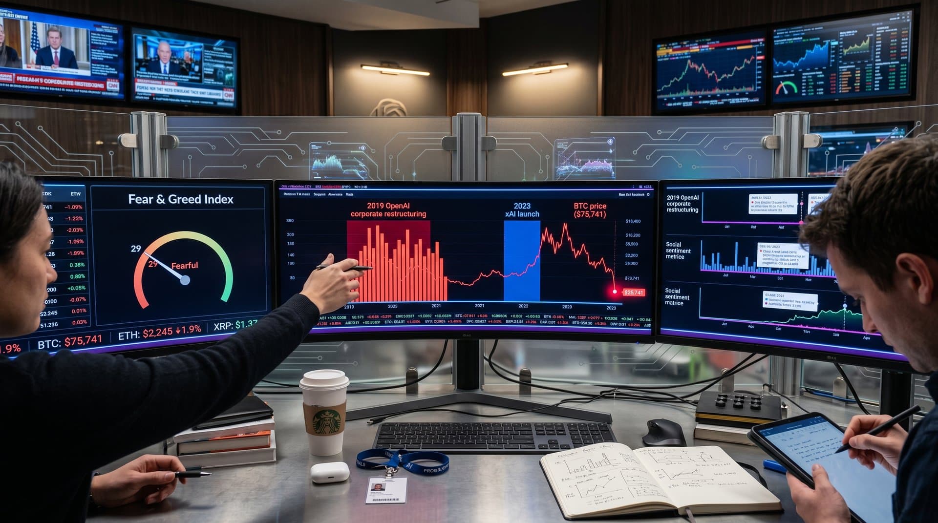 Gantt timeline dashboards visualizing Musk-OpenAI rift events with BTC price charts and Fear & Greed Index on multi-monitor tech setup