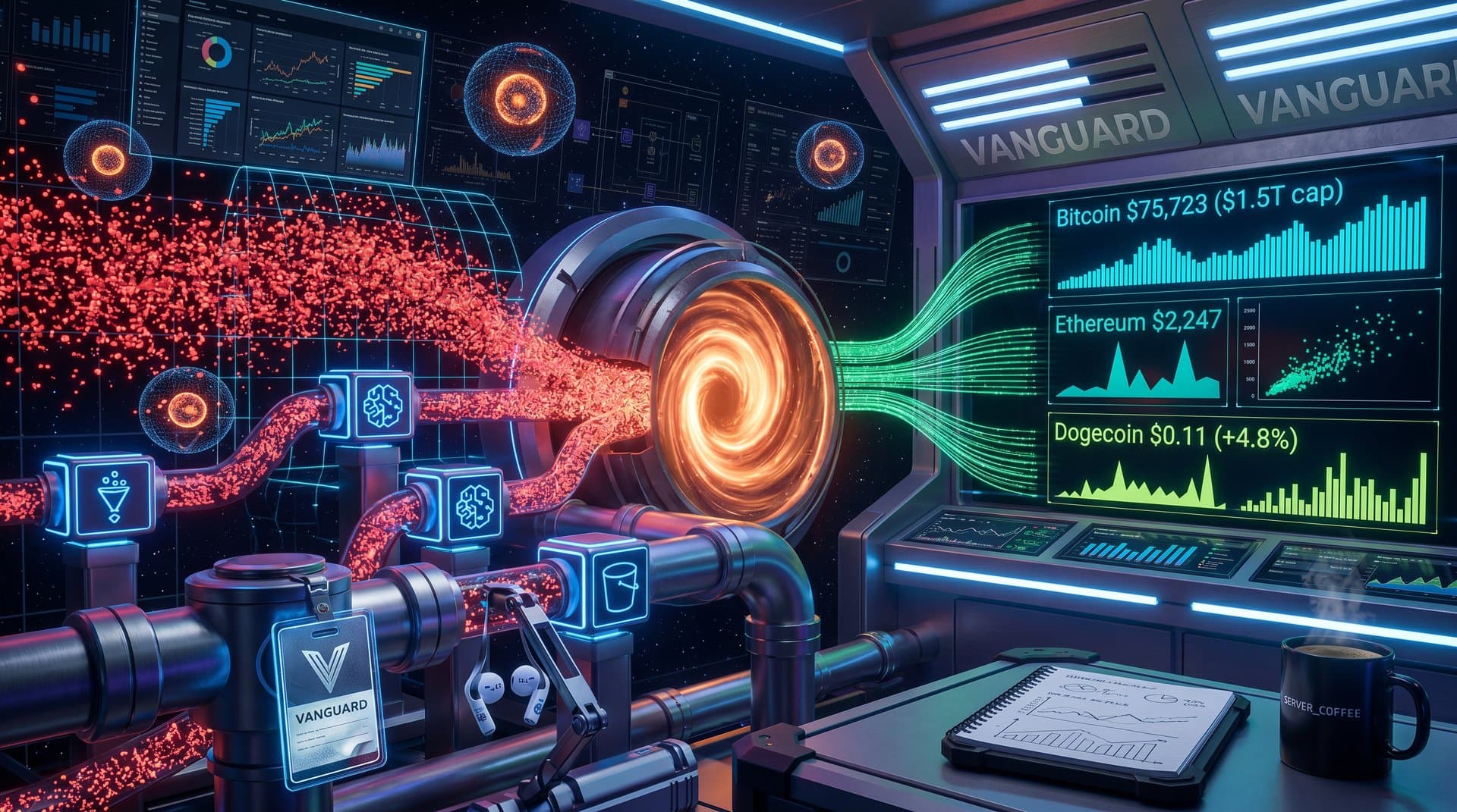 AI data pipelines transforming cryptocurrency charts on AWS-powered BI dashboard with precise Bitcoin and Ethereum metrics