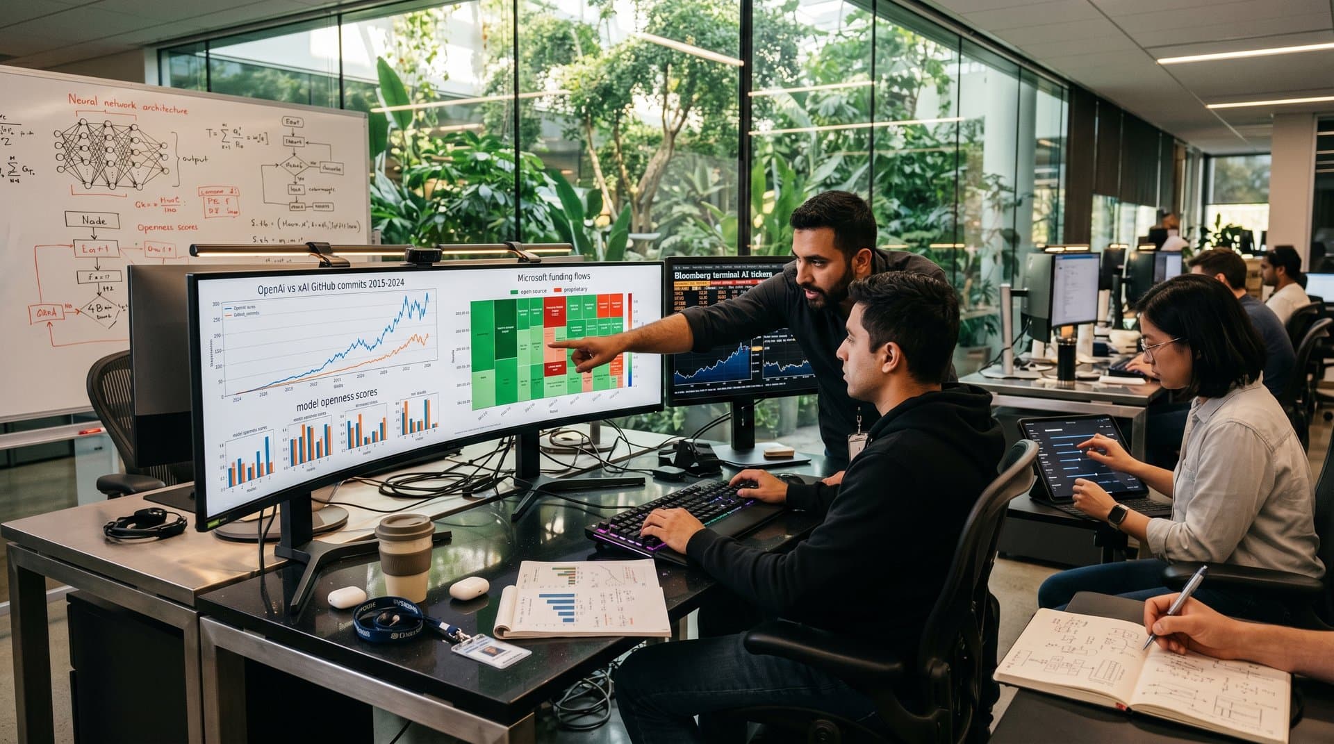 Dashboard visualizations comparing OpenAI and xAI metrics on curved monitors in modern tech lab with whiteboards and Bloomberg terminal