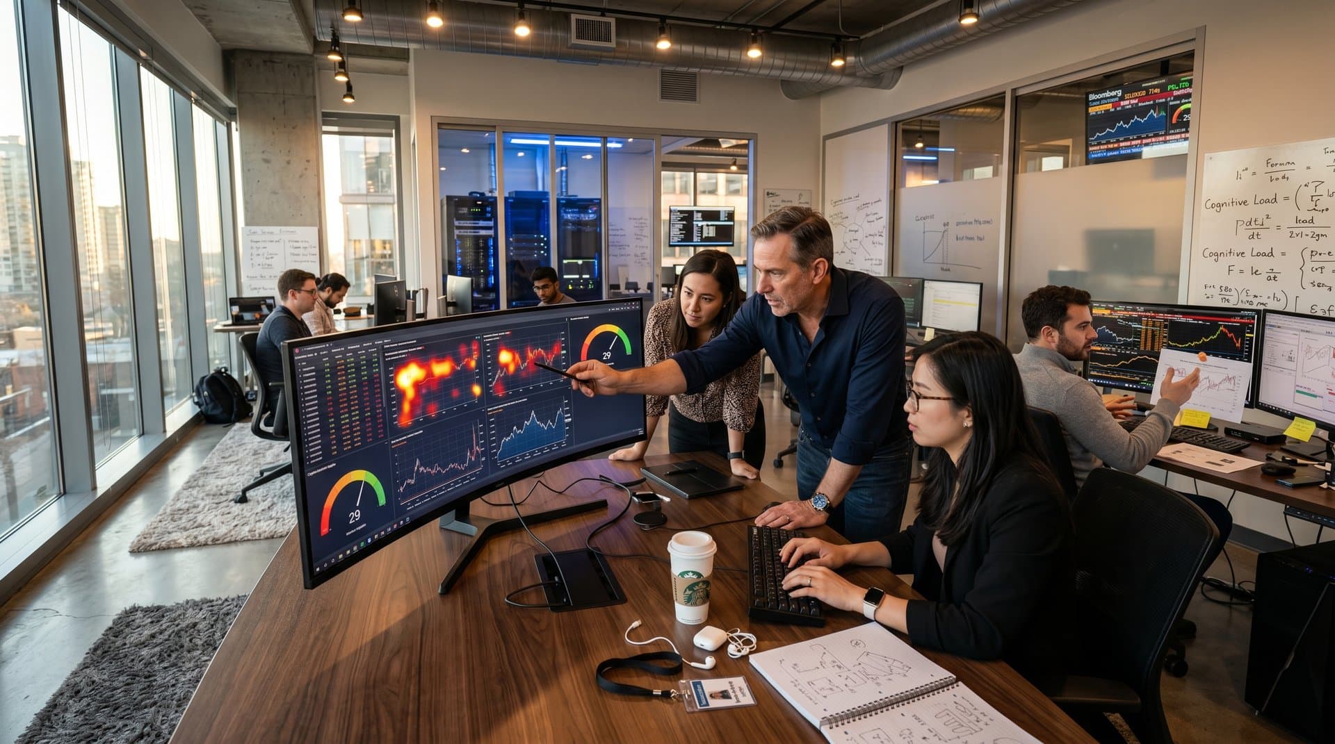 Tech lab monitors show eye-tracking on AI fear charts, crypto gauges at 29, and data sketches amid server racks