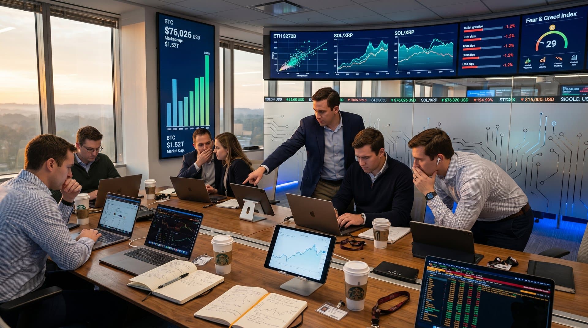 Vanguard analysts review AI dashboards and crypto price scatter plots on multi-monitor setups in modern trading analytics room