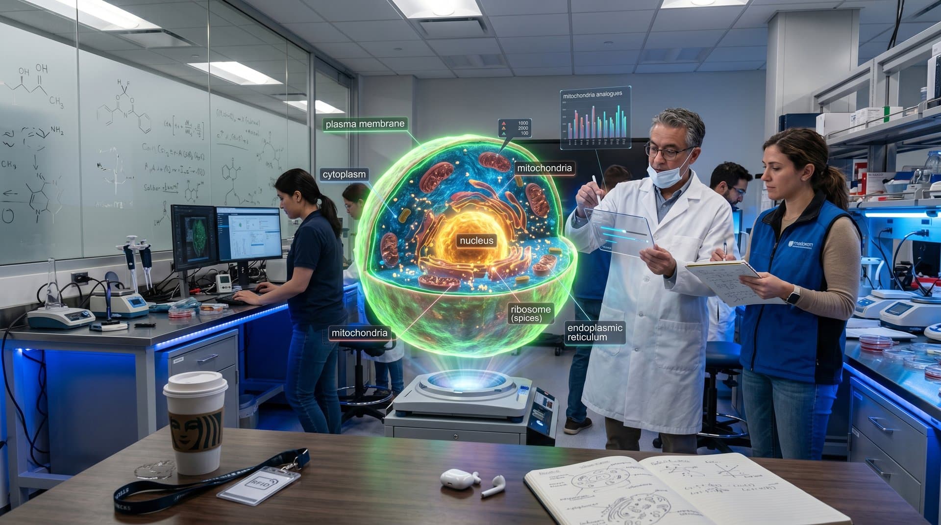 Abstract burrito cross-section mapping cellular structures with Tableau dashboard overlays in neon biotech lab style