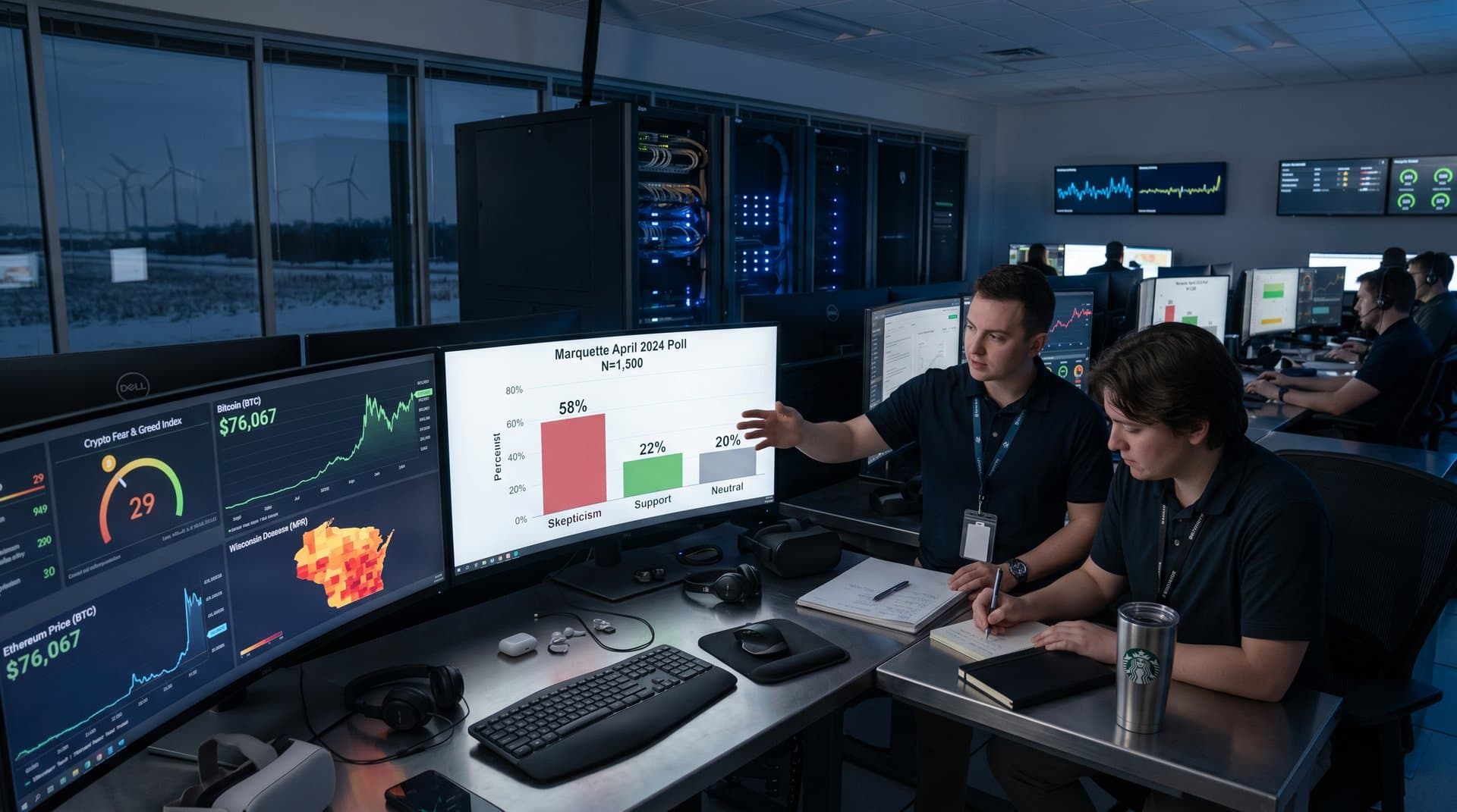 Data center control room with sentiment bar charts and server metrics on monitors amid glowing racks