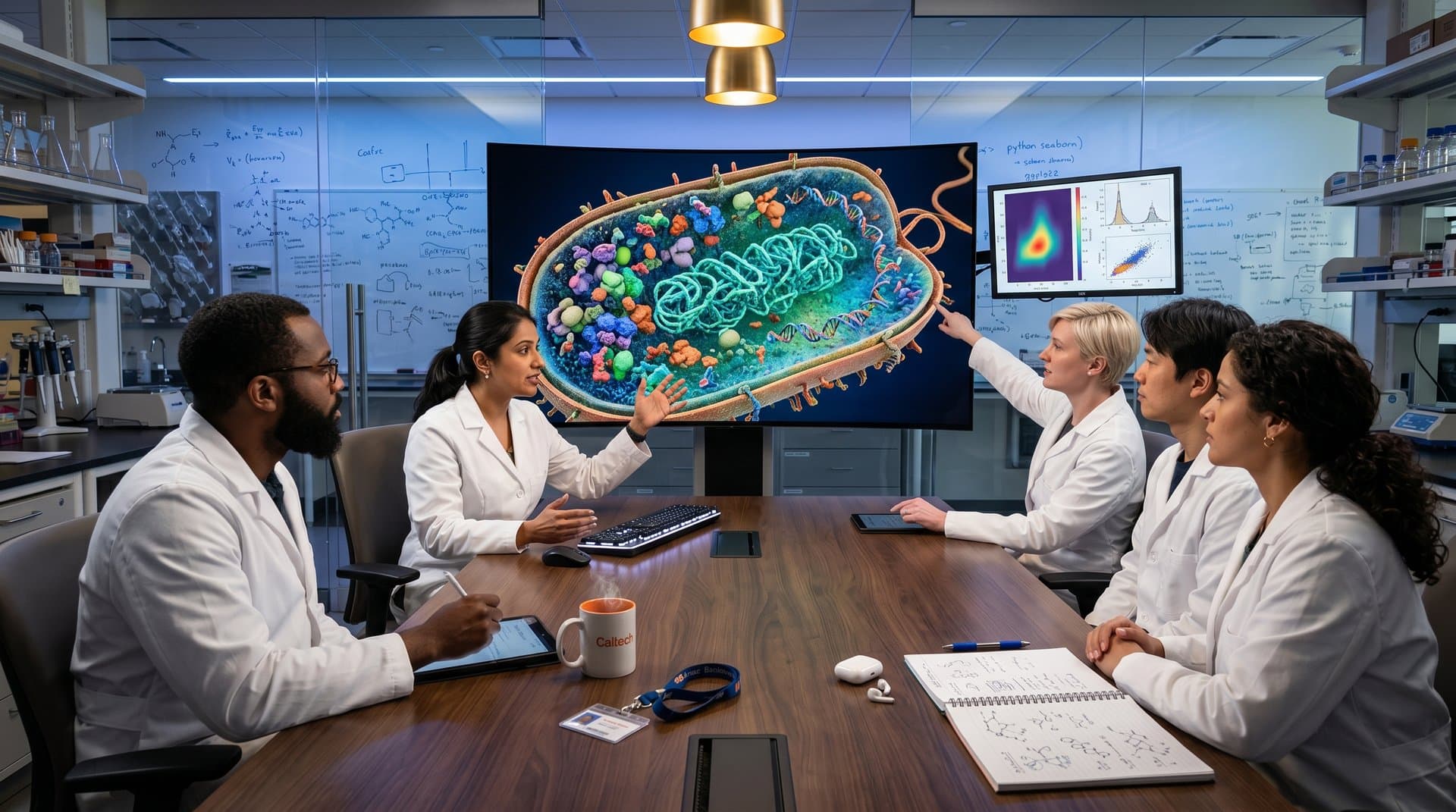 Modern lab curved display shows 3D E. coli burrito slice with proteins and DNA amid code screens, mug, and molecular whiteboard sketches