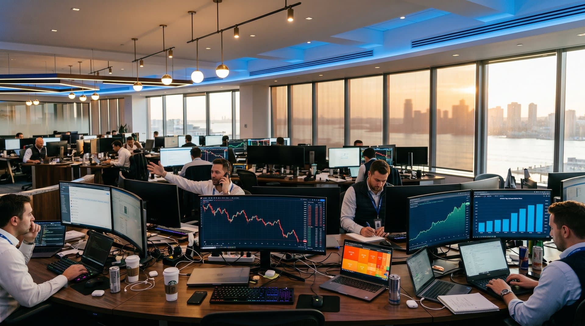 Trading floor desks with monitors showing crypto data visualization dashboards, BTC charts, Ethereum bars, and Fear & Greed heatmap