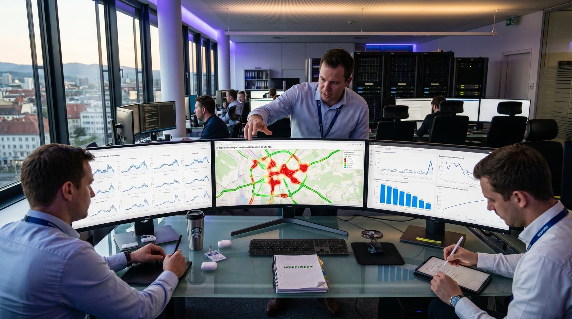 BI dashboards with OpenTrafficMap geospatial traffic heatmaps and financial overlays