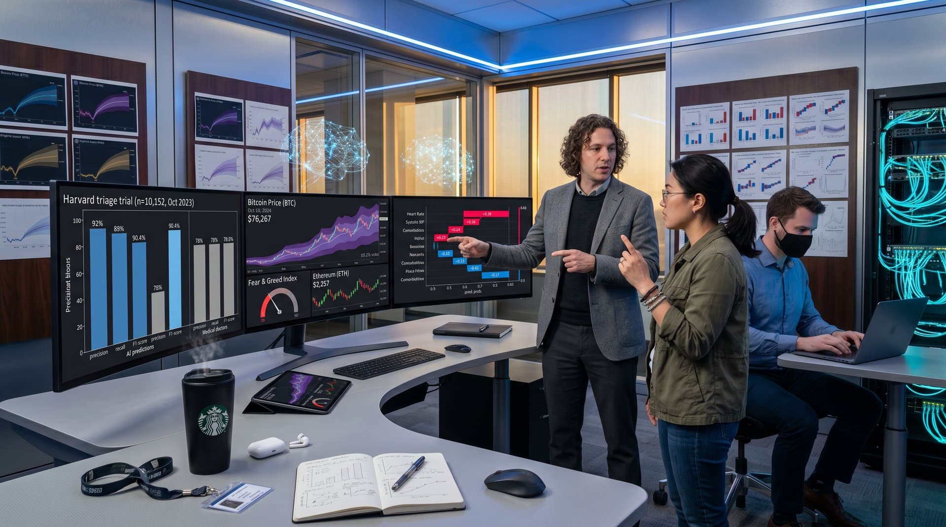 Dashboards display AI vs doctor triage metrics, uncertainty bands, SHAP charts, and crypto prices in sleek tech setup