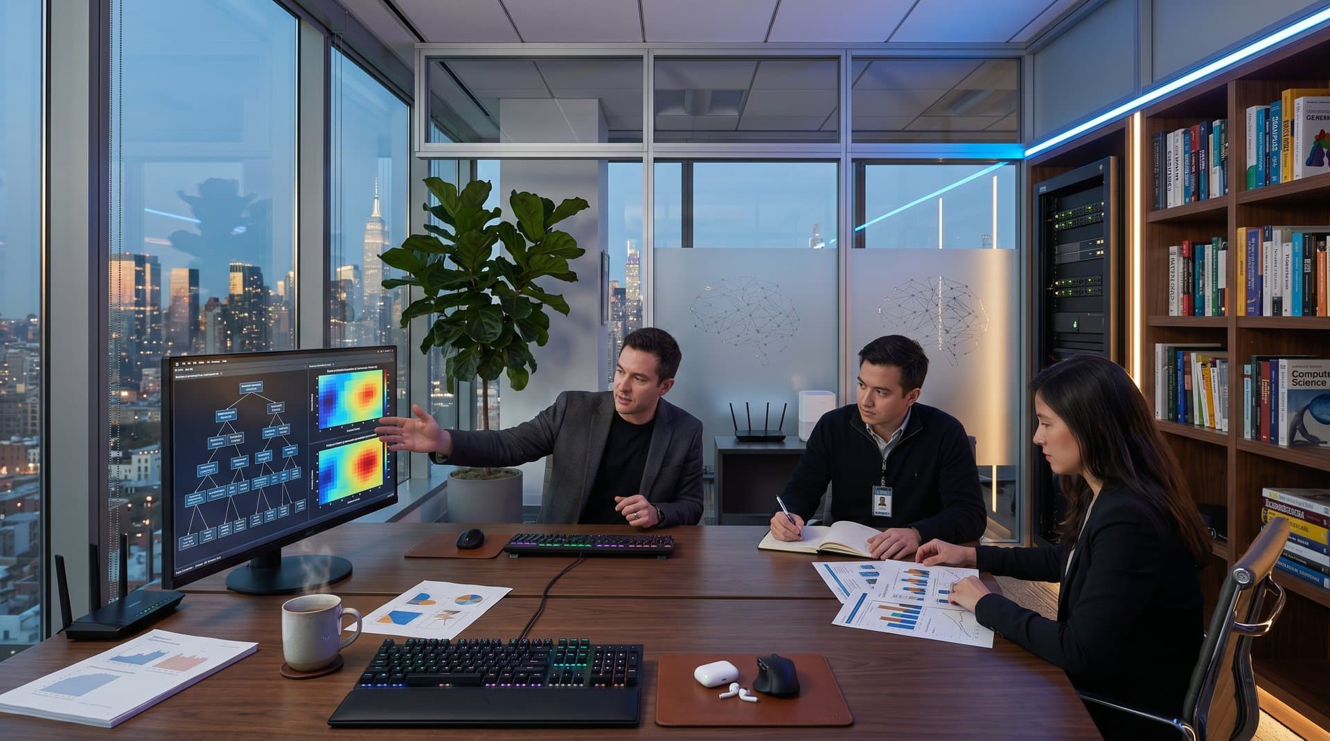 Tech conference room with dashboards showing judicial AI decision trees, eye-tracking heatmaps, and BTC charts