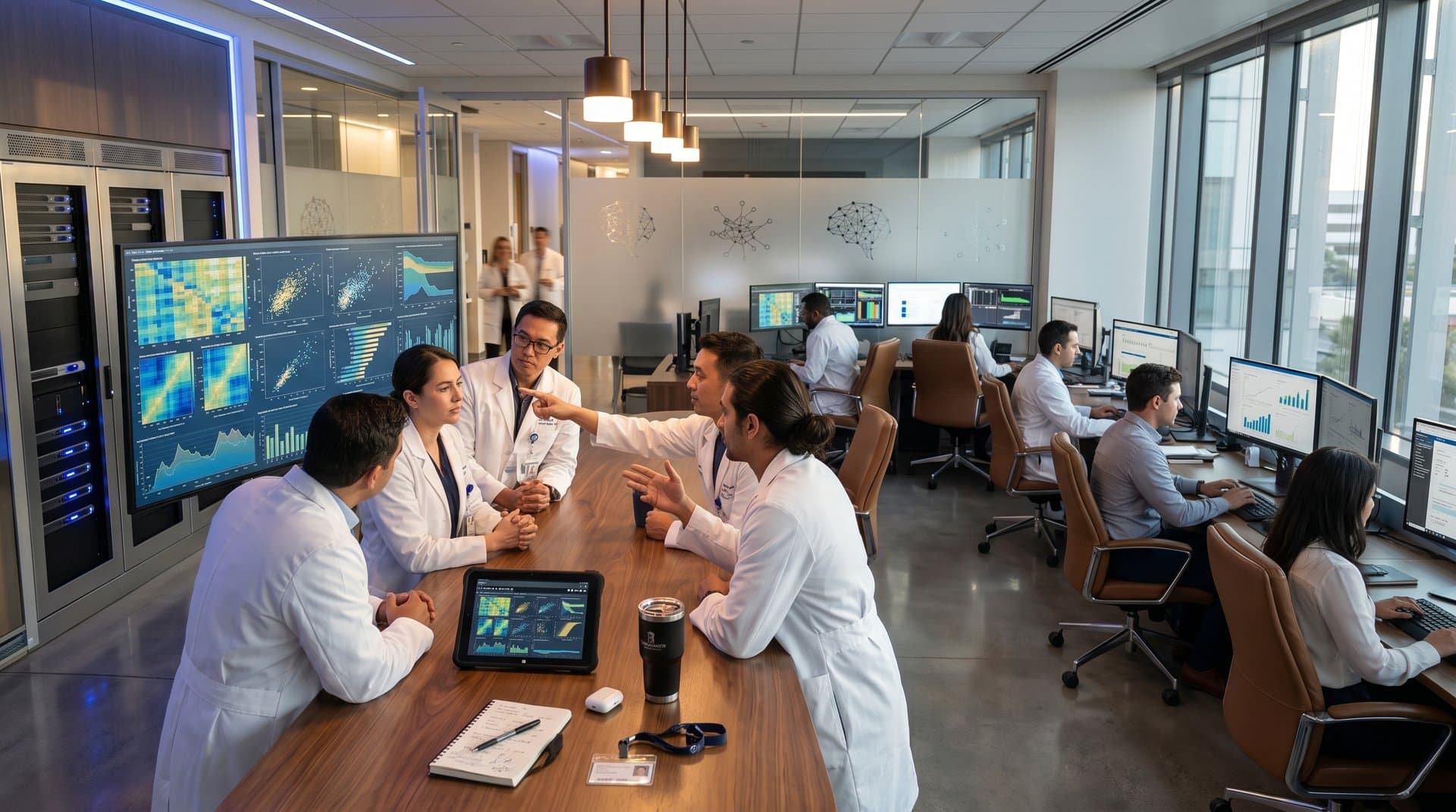 Analytics team reviews data visualization dashboards for AI homelessness prediction in LA hospital center