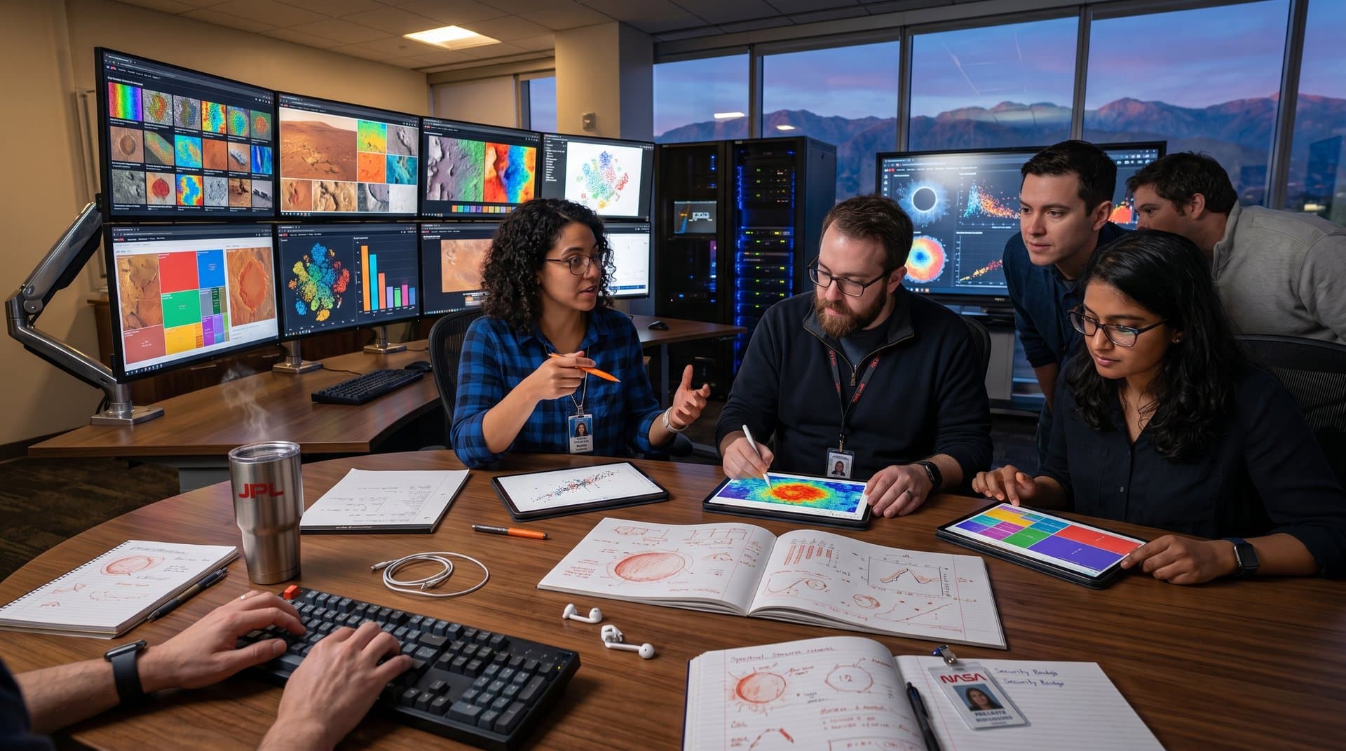 NASA JPL lab monitors displaying clustered Mars rover thumbnails, t-SNE plots, small multiples, and advanced visualization dashboards
