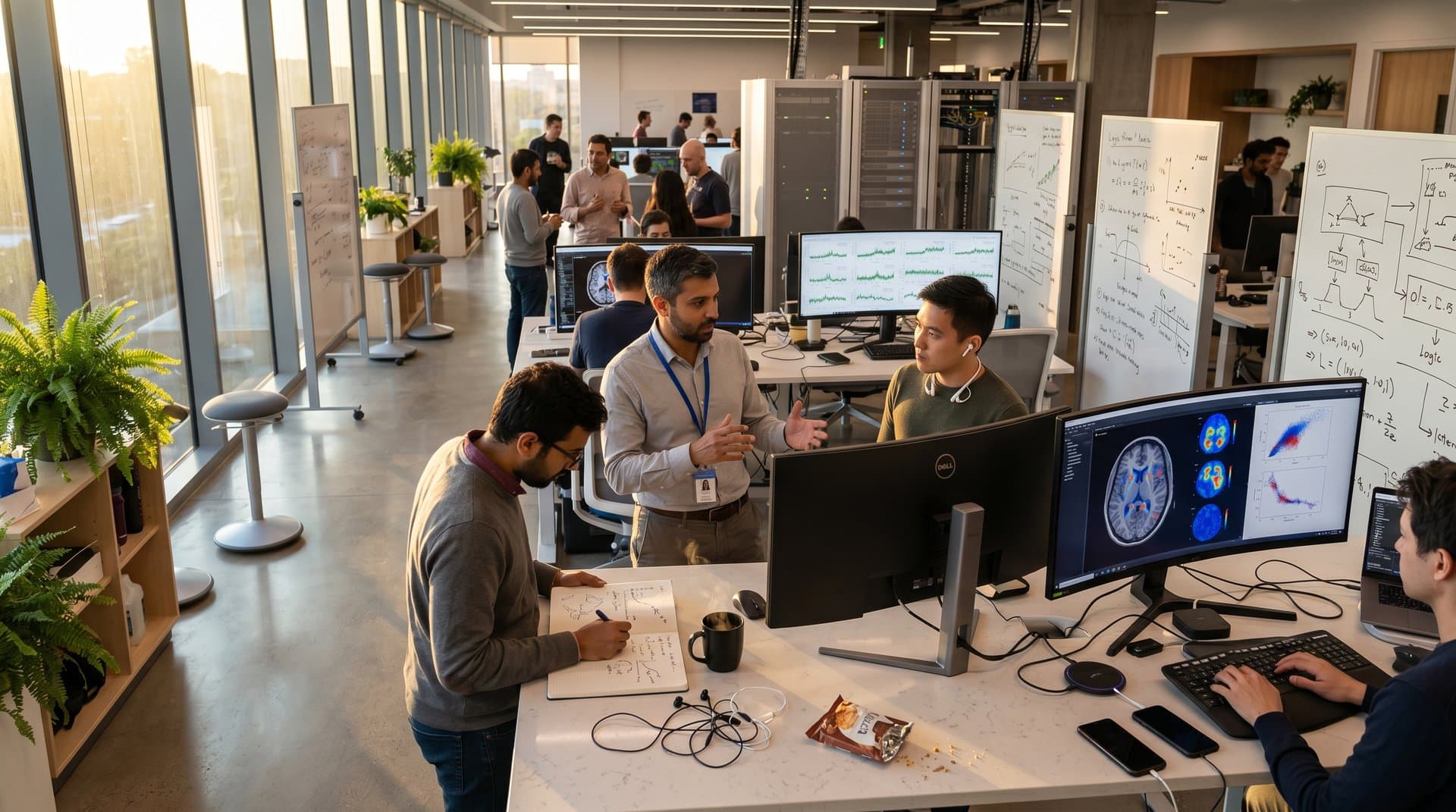 Tech lab monitors display AI diagnostic heatmaps, Tableau charts, and neural diagrams in sunlit modern space