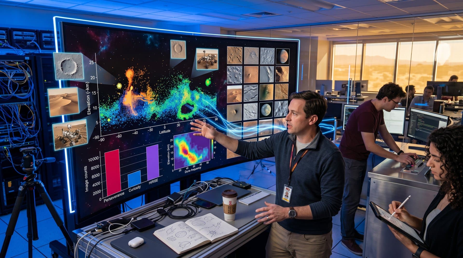 Abstract dashboard of scatter plots and thumbnails from ASU's 12 million Mars images dataset