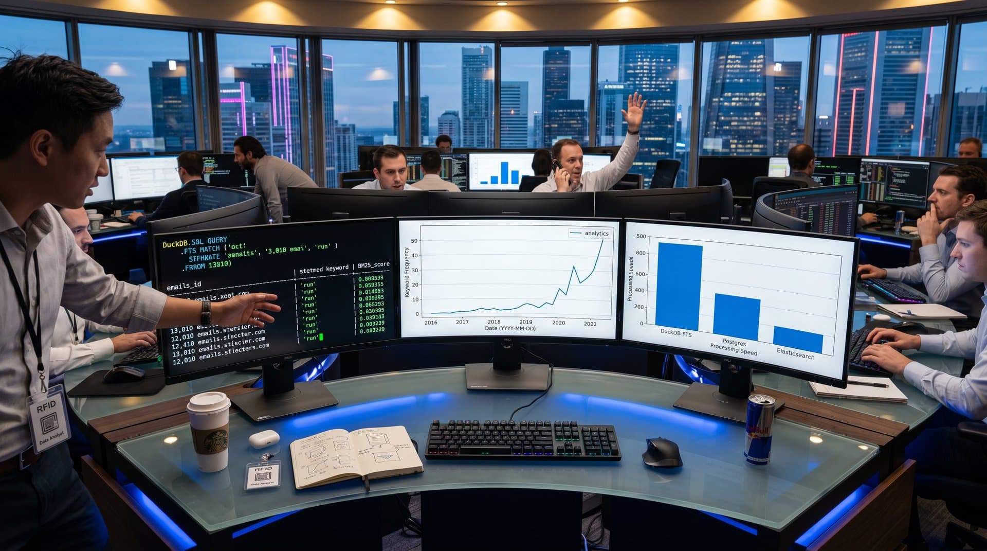 Finance analytics desk with monitors displaying DuckDB FTS queries, line charts of keyword frequencies, bar chart comparisons, and email stats in professional tech environment