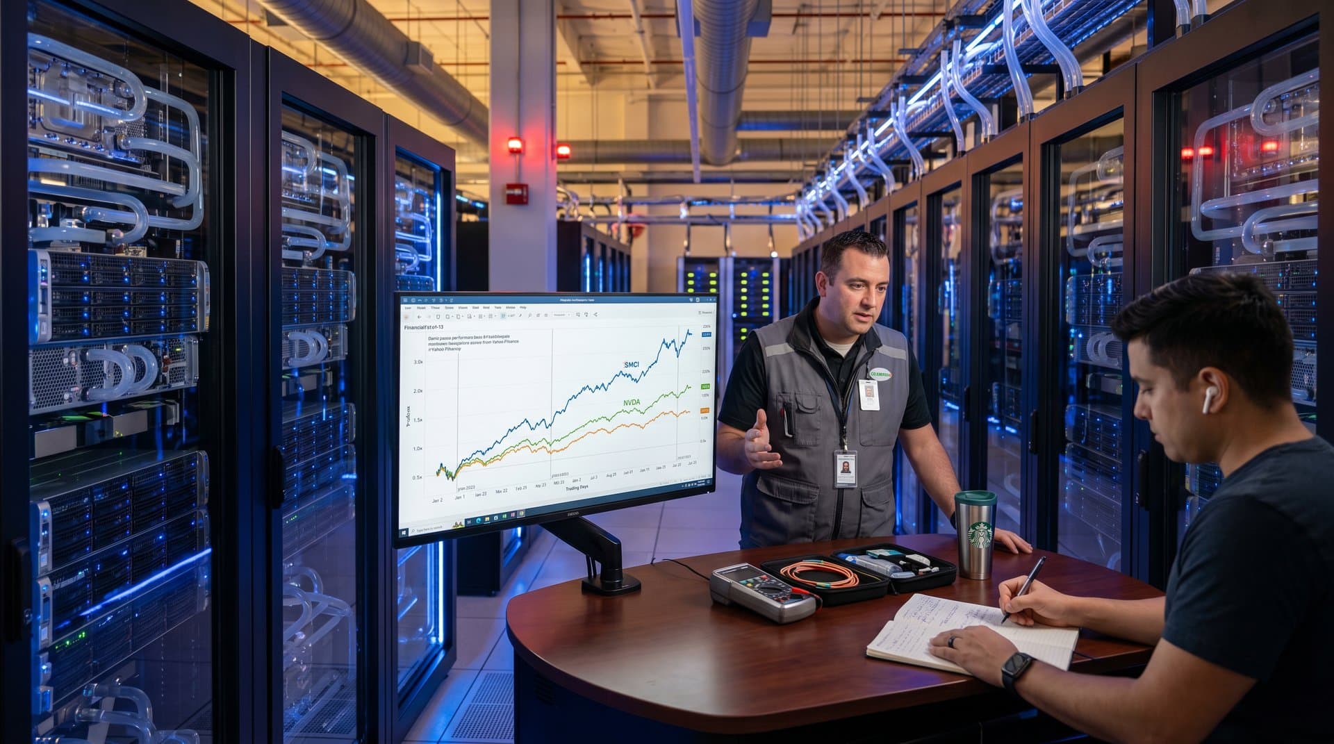 Engineers in premium Tier IV data center analyze AI server racks and stock growth dashboards on high-end monitors