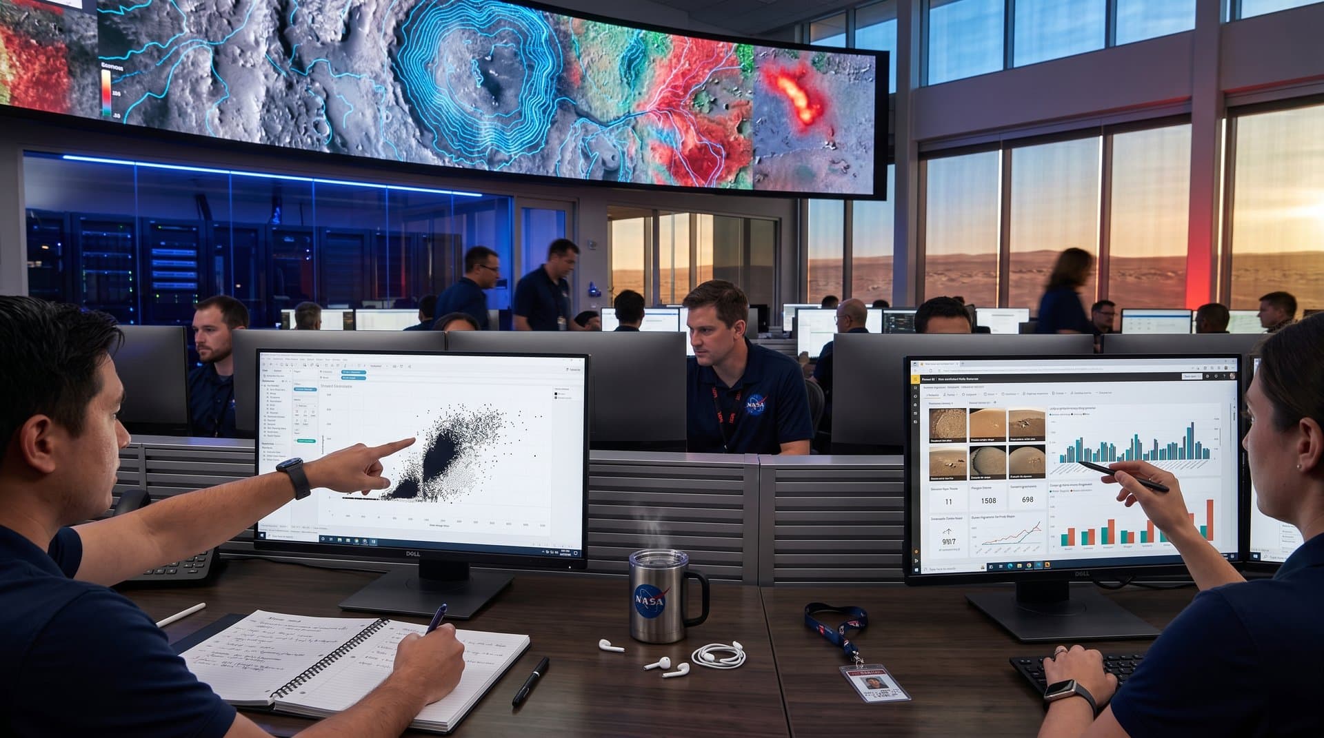 Mars Jezero Crater mosaic on video wall with Tableau and Power BI dashboards in NASA visualization room