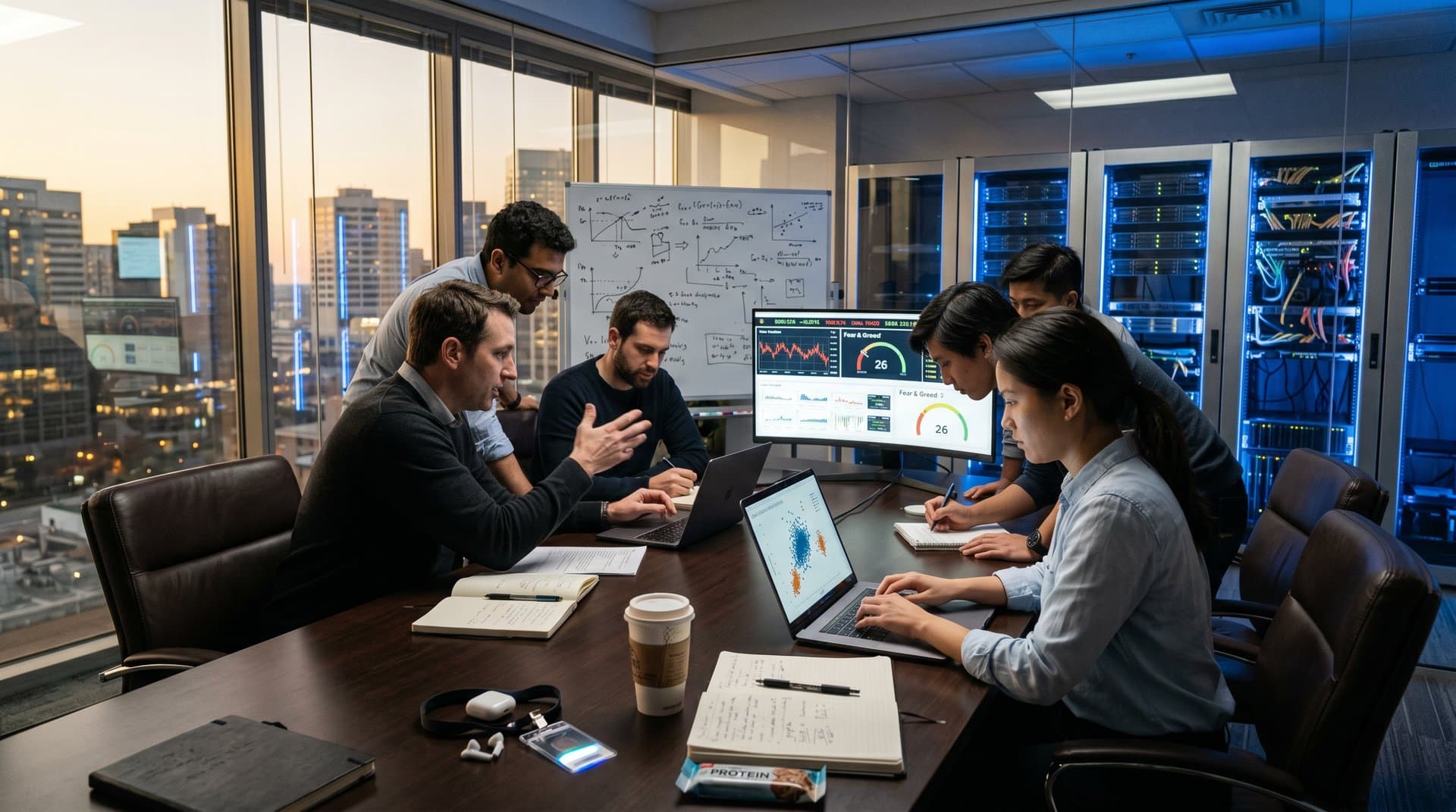 BI analytics lab featuring scatter plots tracking AI goblin drift in ChatGPT, BTC price dashboards at $77K, Fear & Greed Index visuals on ultrawide monitors