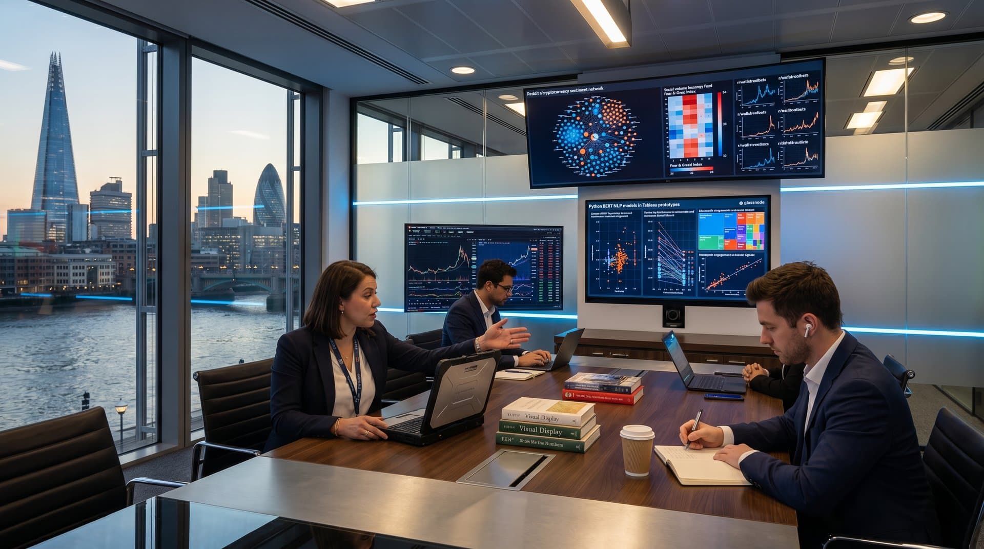 Modern tech lab with monitors showing Reddit sentiment graphs, AI dashboards, and crypto tickers under LED lighting