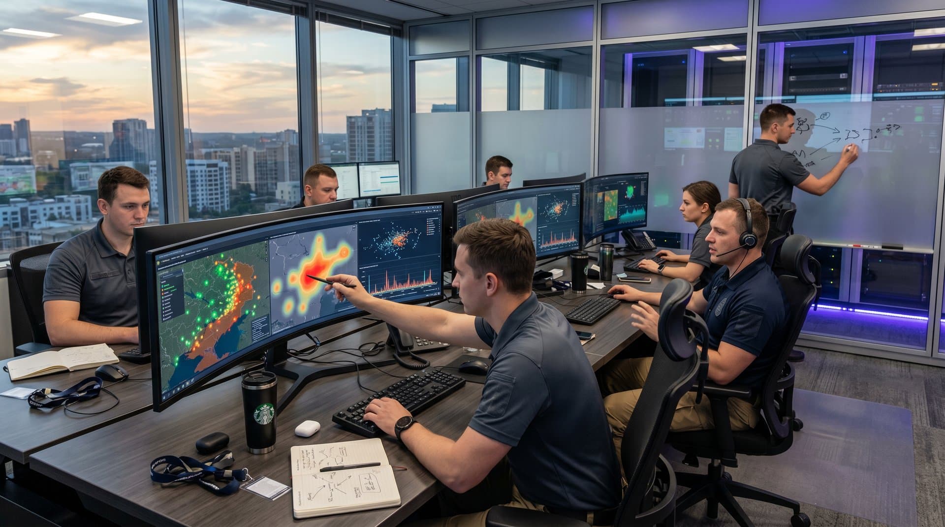 Analysts review Ukraine robot soldiers data visualization dashboards on ultrawide screens with geospatial maps and heatmaps