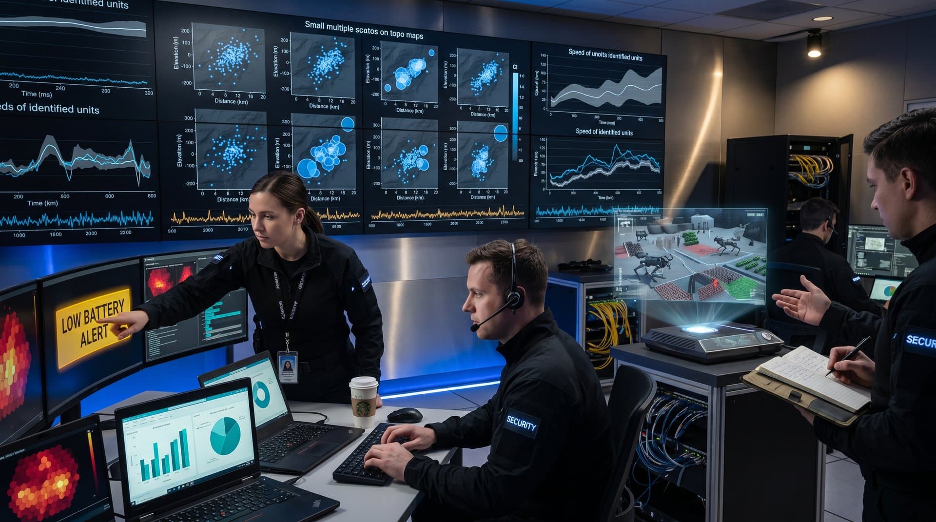 Analysts review Ukraine robot soldier data visualization dashboards in high-tech command center