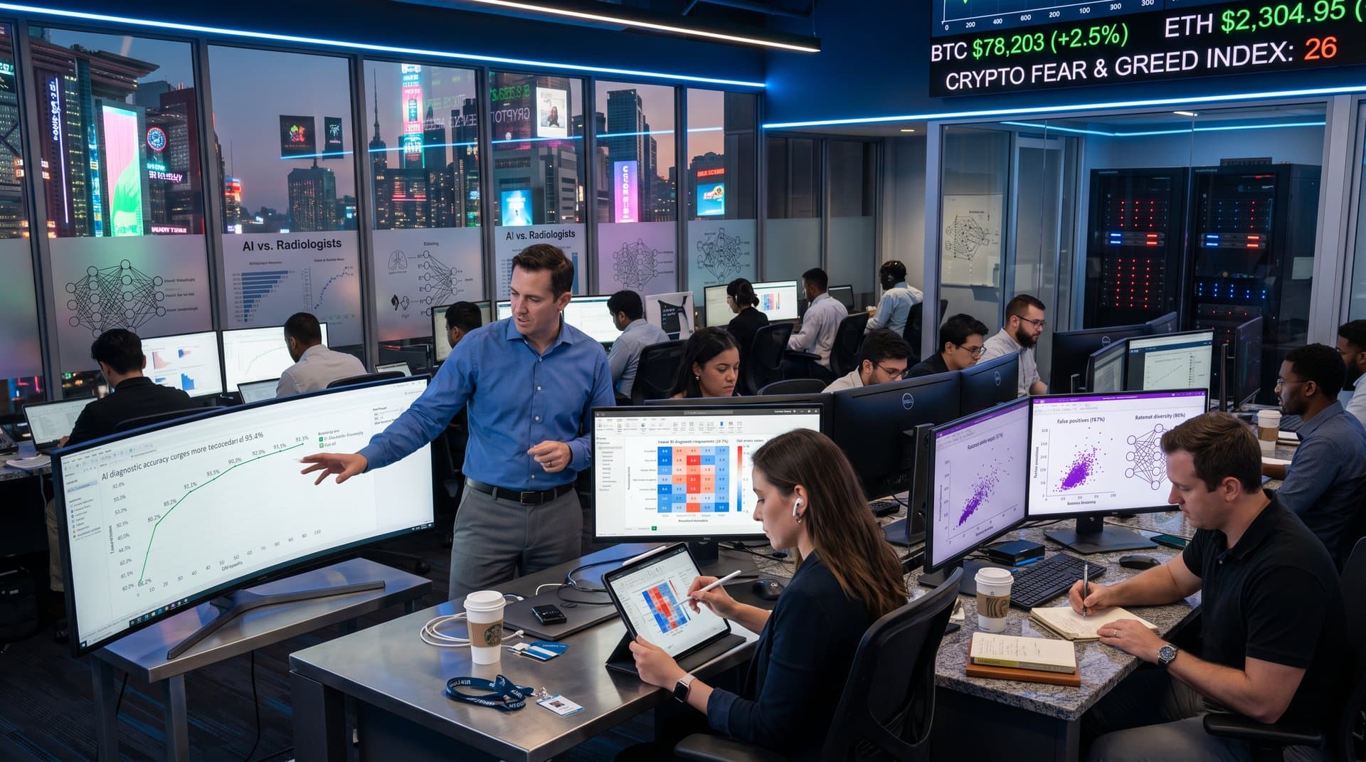 AI diagnostic accuracy dashboards on multi-monitor setups in high-tech analytics lab