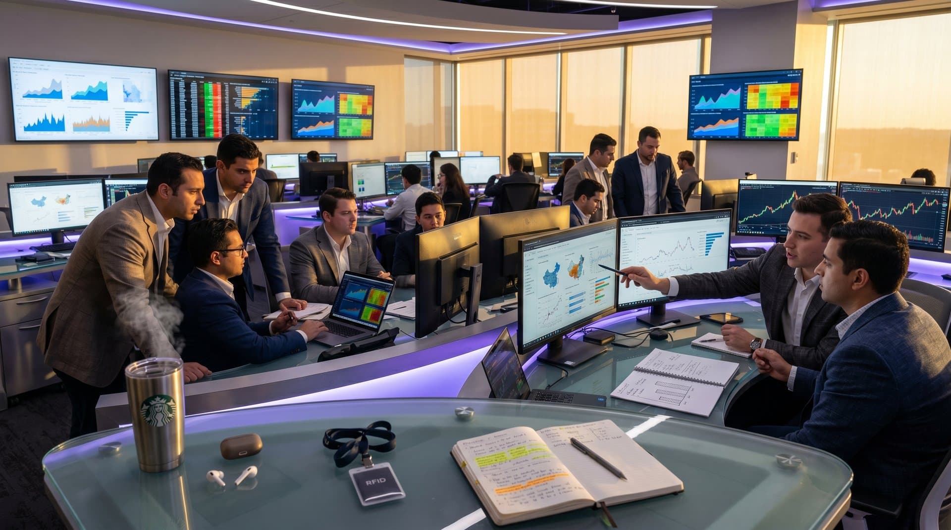 Monitors in tech studio display dashboard design for Oscars analytics: global choropleths, AI sparklines, BTC $78,502 volatility charts