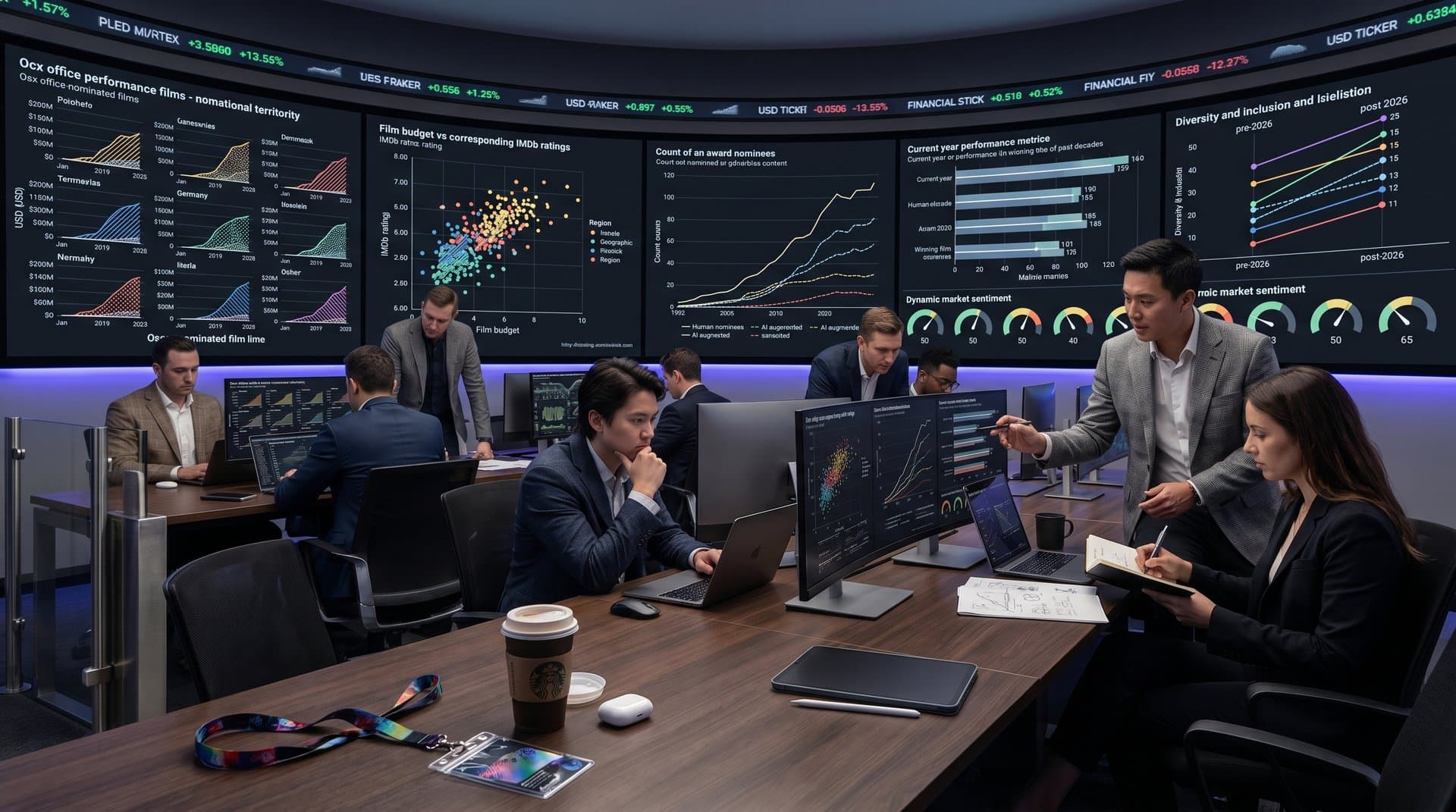 Data visualization screens showing Oscars expanded eligibility charts with global nominees, AI layers, and finance-inspired gauges in modern studio