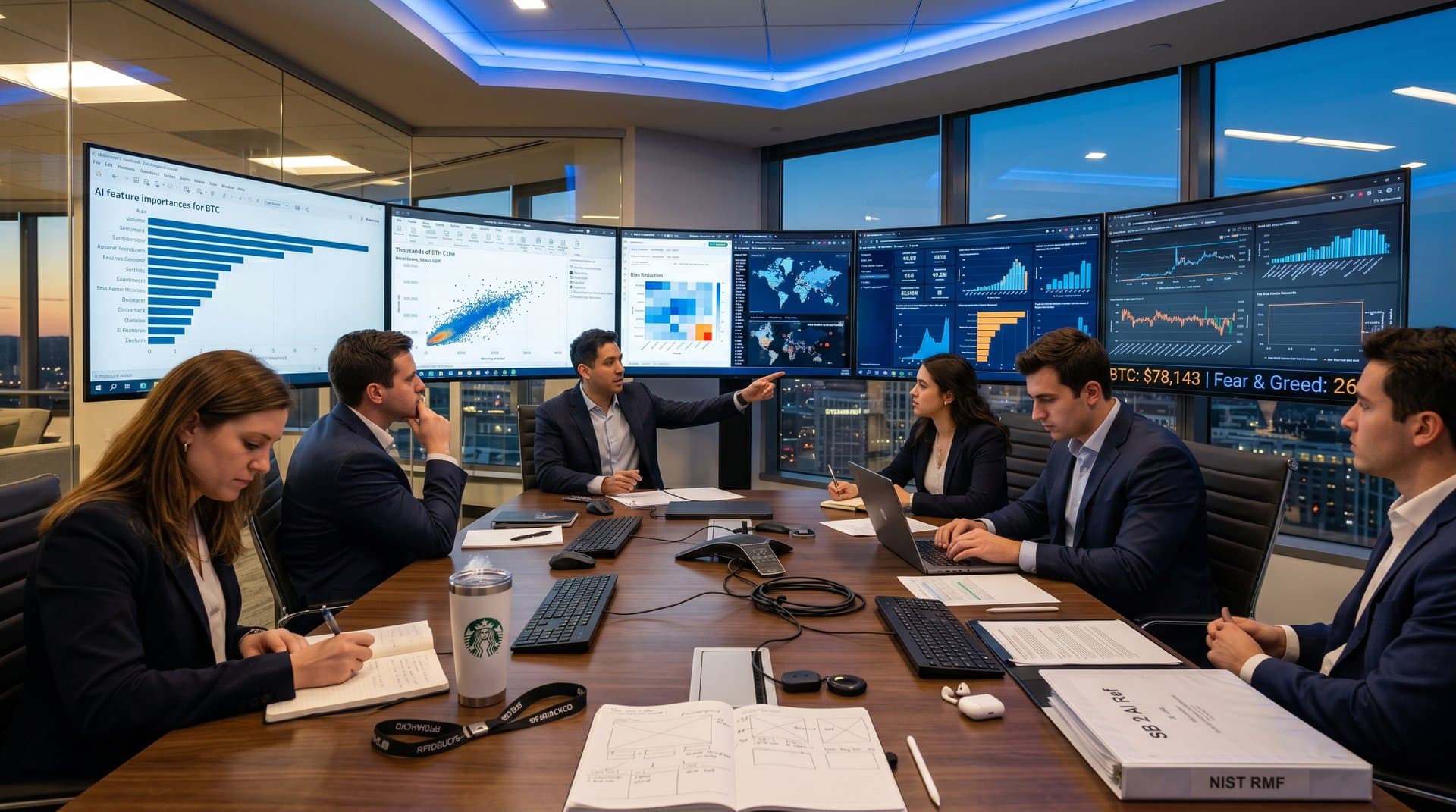 Analysts discuss AI dashboards and bias visualizations on large screens in Connecticut hedge fund conference room