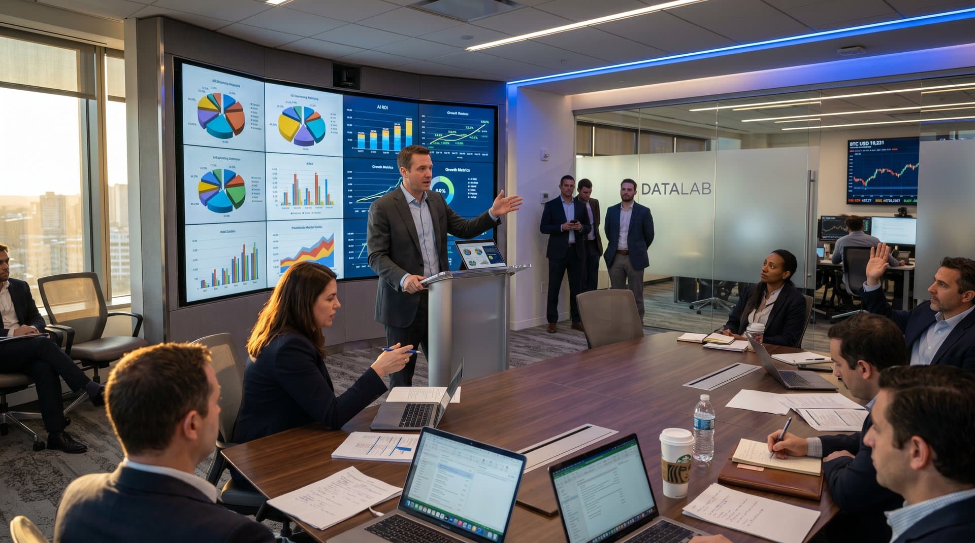 Cluttered 3D AI charts on screen contrast clean monitors in tense Massachusetts conference room
