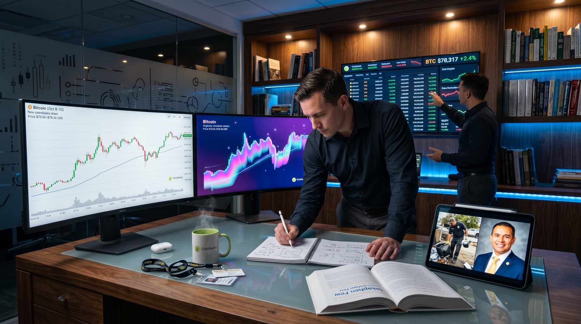 Monitors compare raw BTC charts and AI-polished versions beside Ceres mayor photo before-after on a data viz desk with tickers.