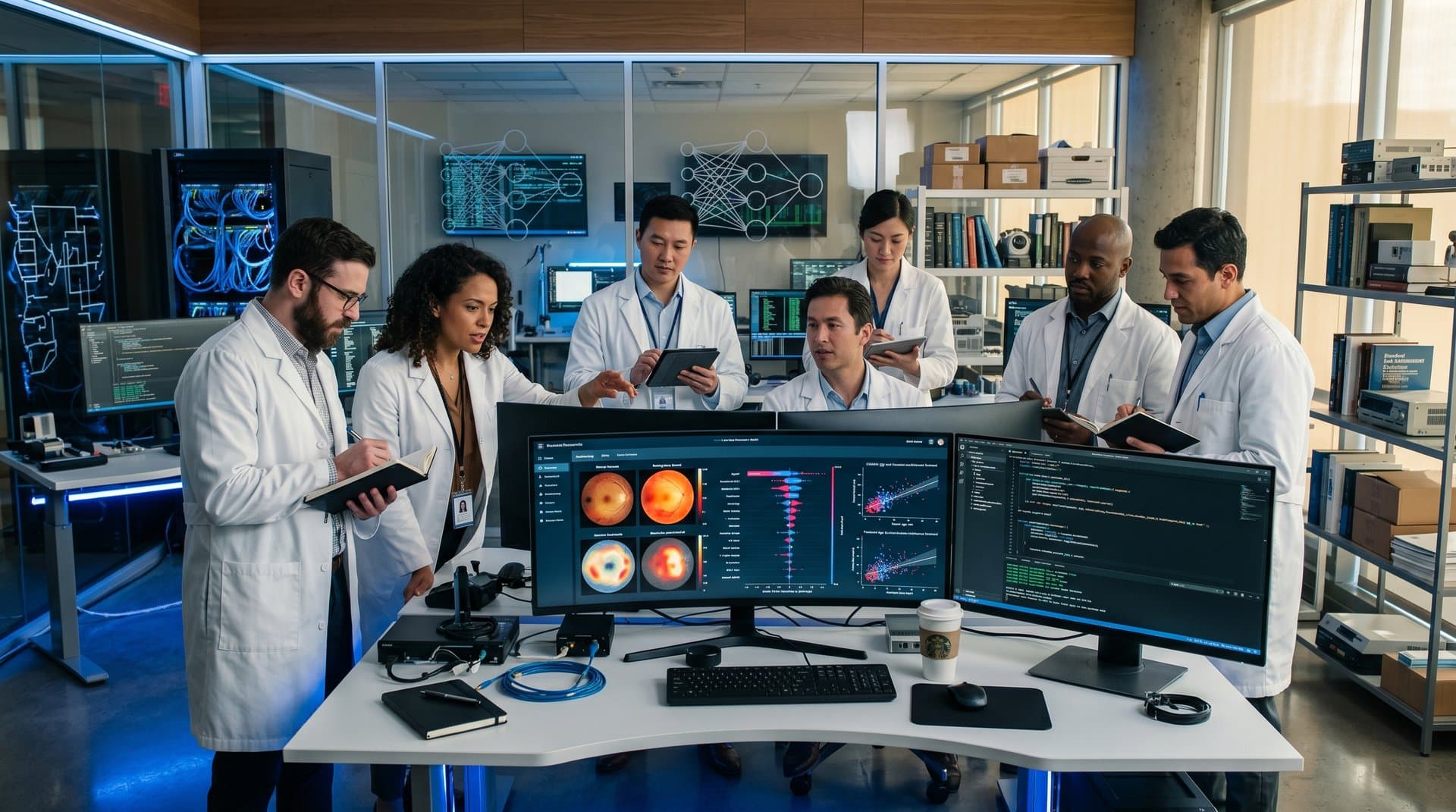 Multi-monitor data dashboards displaying heatmaps, SHAP plots, and scatter charts for visualizing AI medical diagnostics