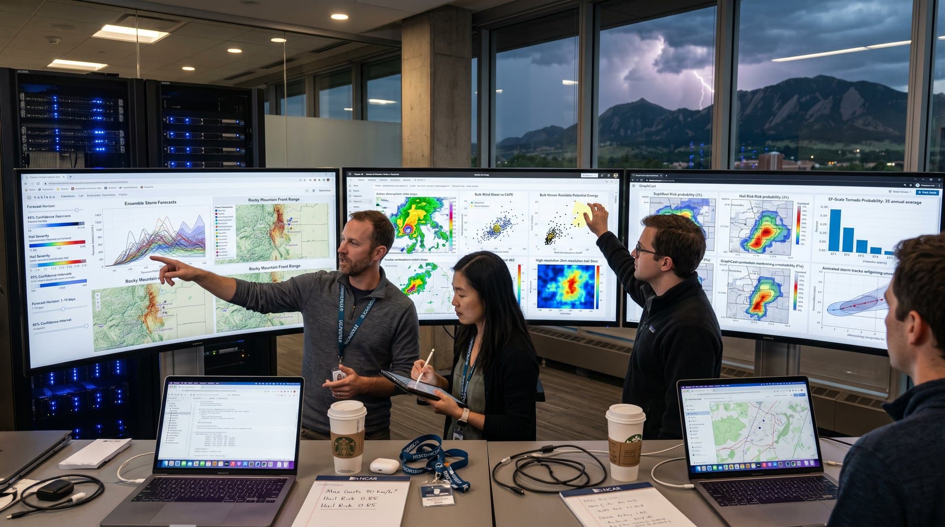 NCAR lab with AI weather dashboards on monitors showing storm visualizations amid mountain views