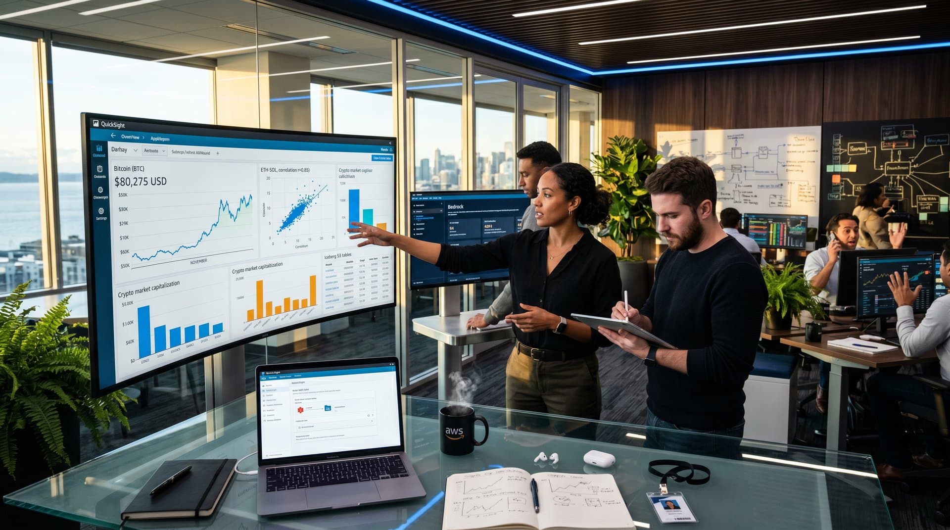 QuickSight S3 Tables dashboards showing AI analytics and crypto charts in modern AWS conference room
