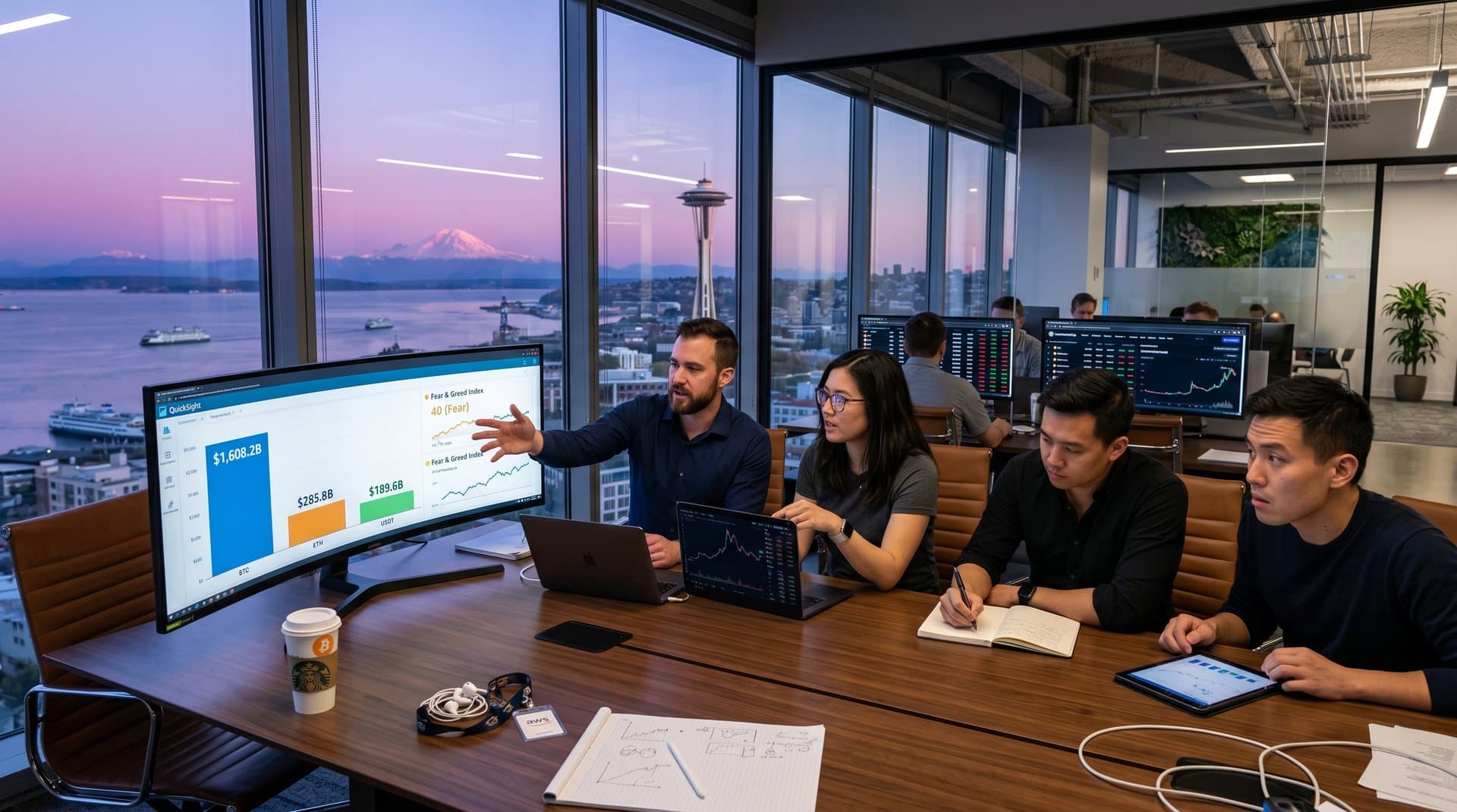 QuickSight dashboards on monitors showing BTC $80,349 crypto metrics, analysts reviewing in modern office with city view