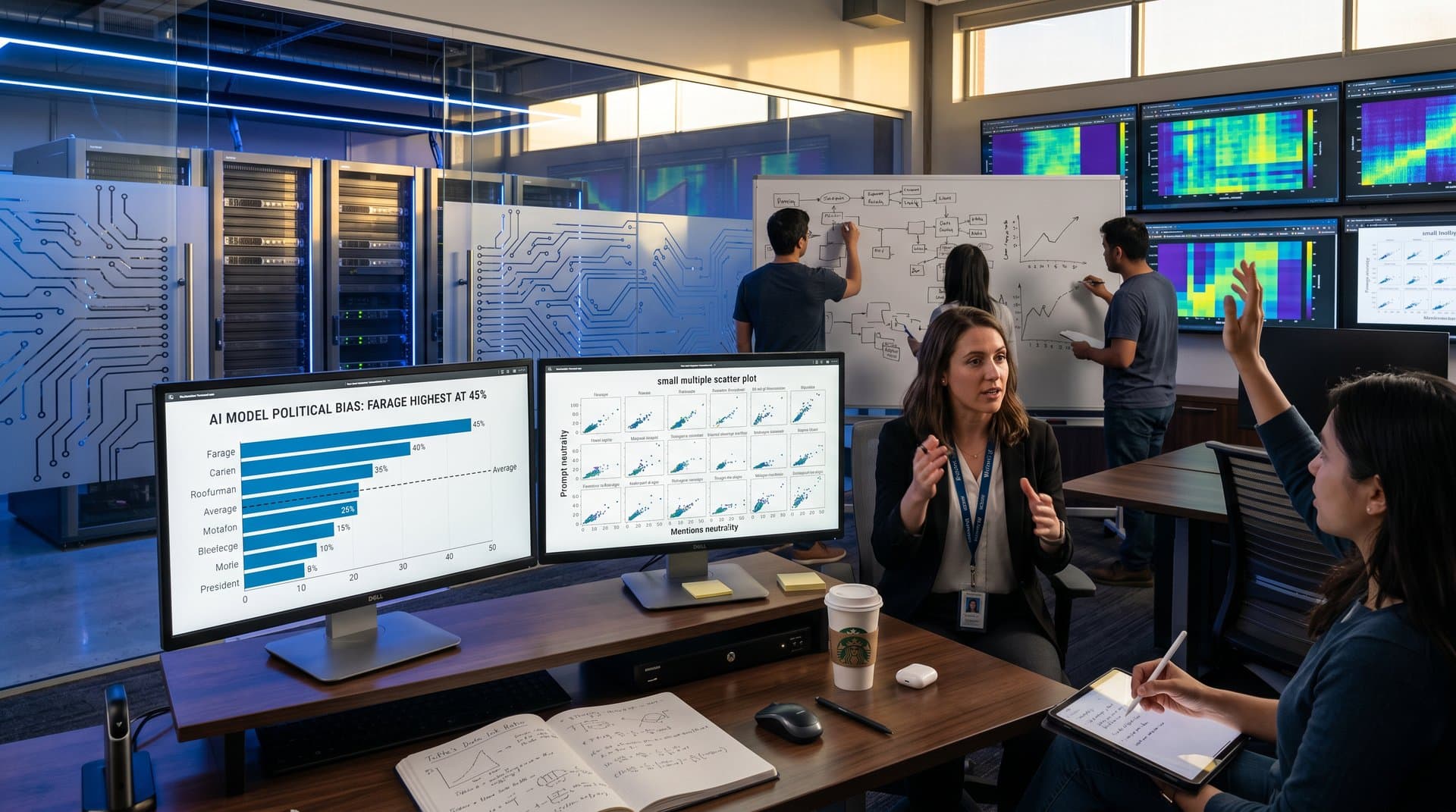 Data viz lab screens show bar charts and heatmaps exposing AI biases in political prompts, with crypto price tables and Tufte-inspired designs